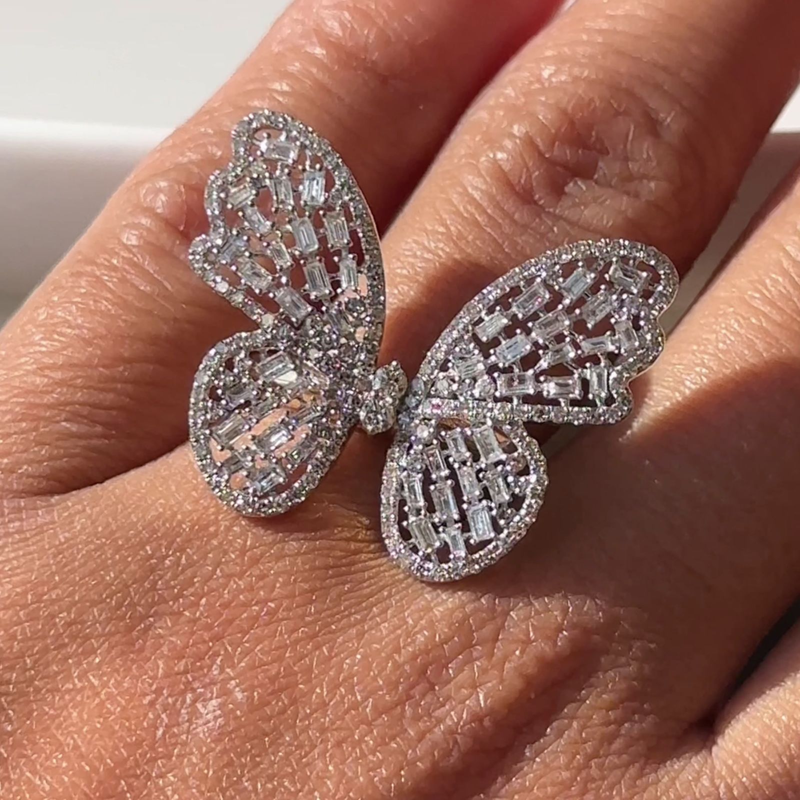 Baguette Diamond Butterfly Ring in Solid 14k Yellow Gold