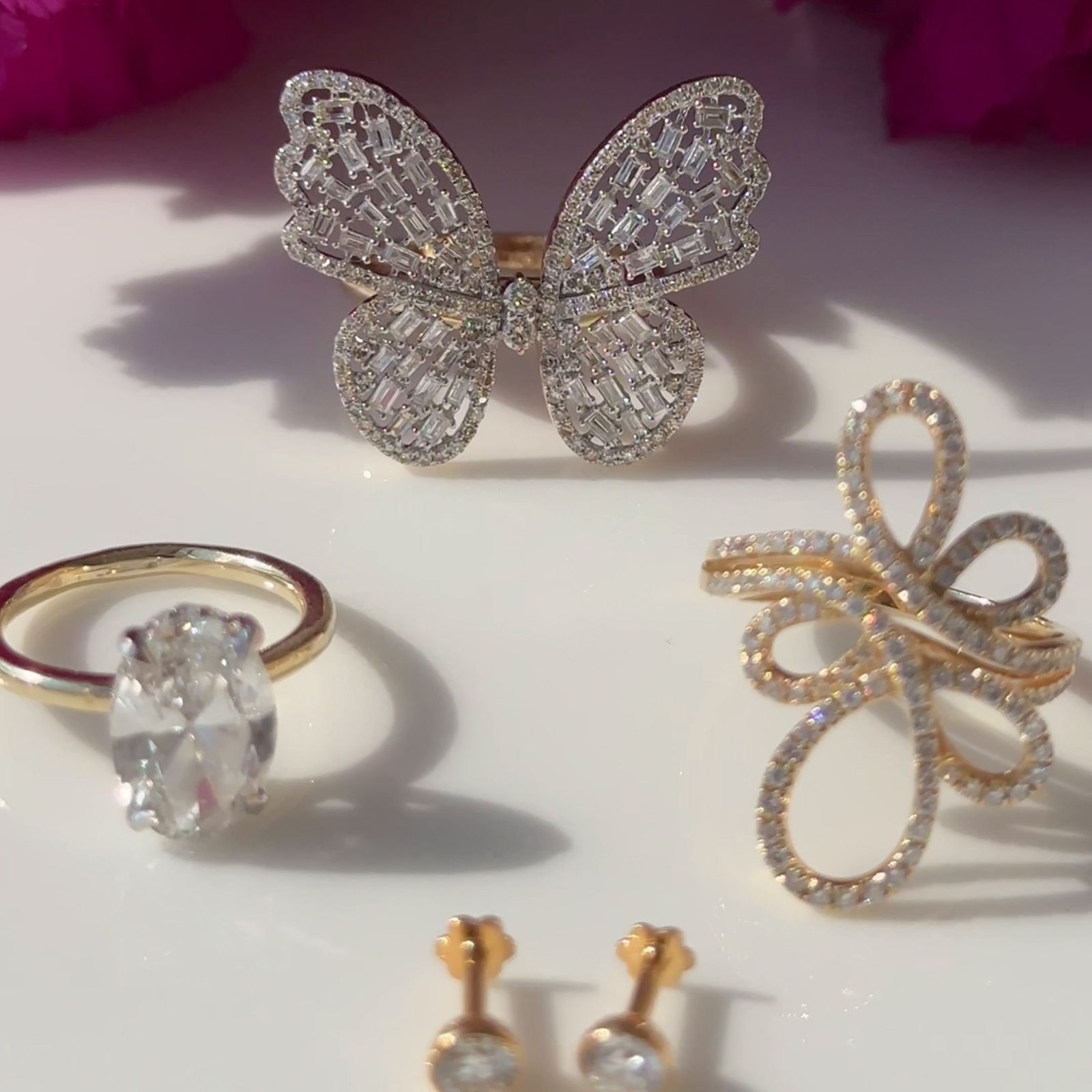 Baguette Diamond Butterfly Ring in Solid 14k Yellow Gold