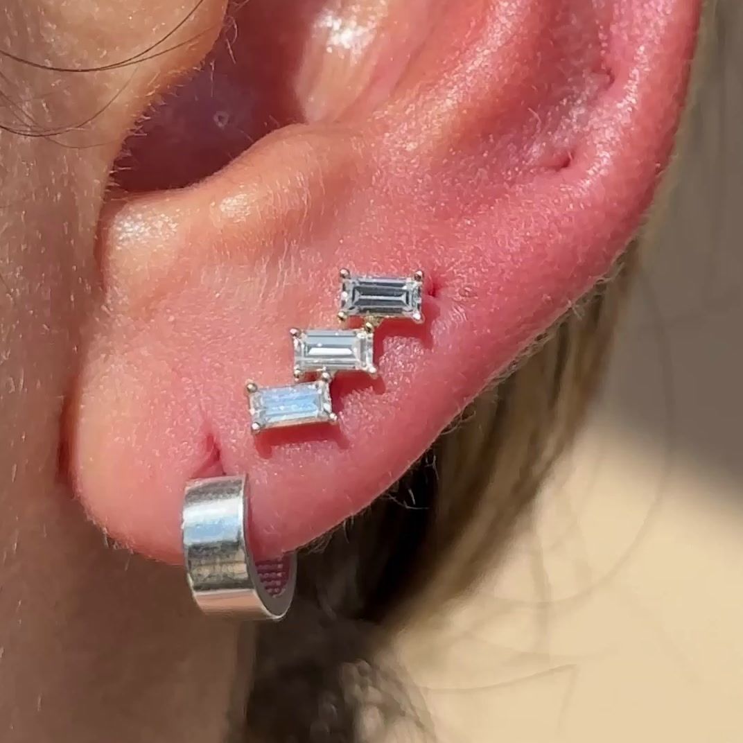 Baguette Cascade Flat Back Stud in Solid 14k White Gold