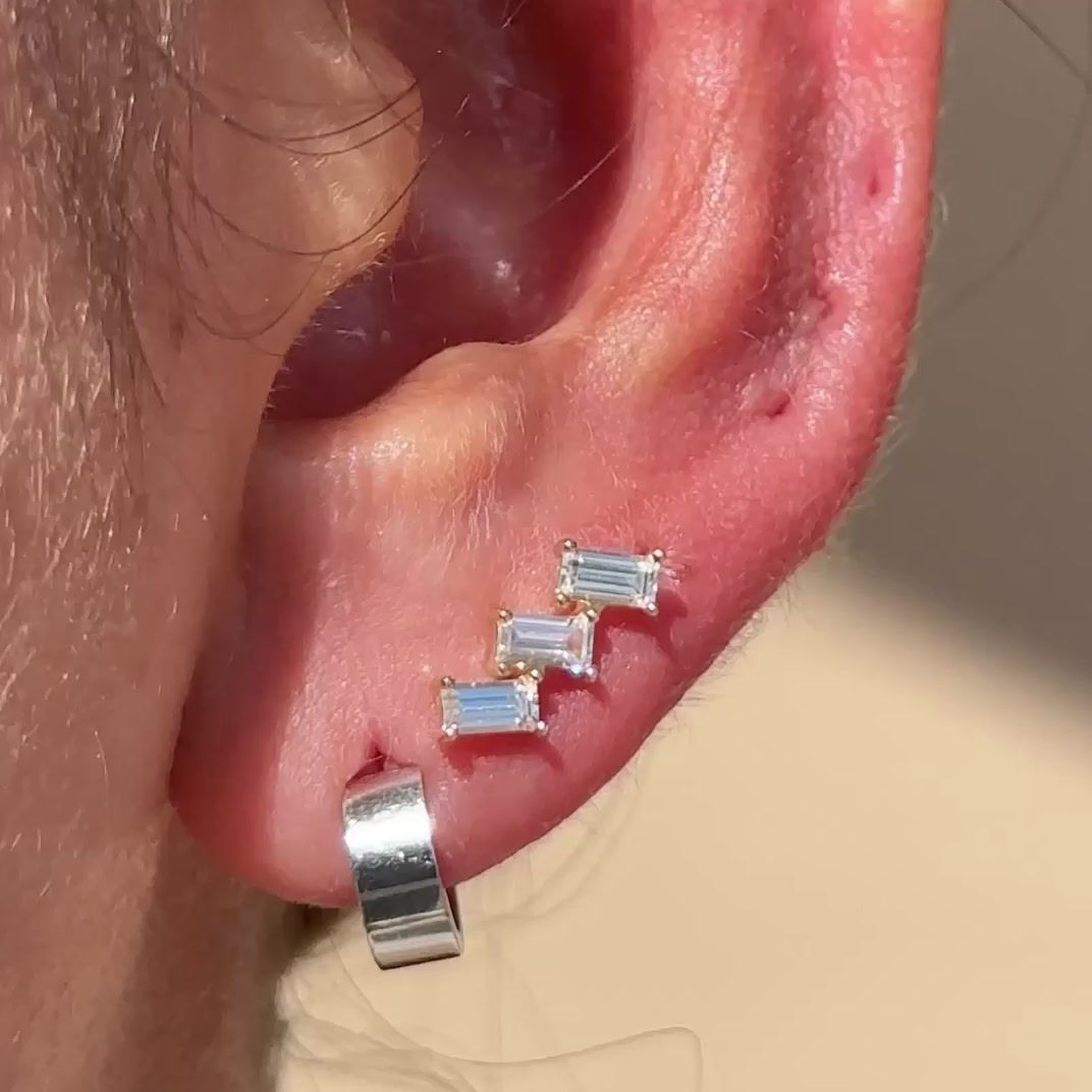 Baguette Cascade Flat Back Stud in Solid 14k Yellow Gold