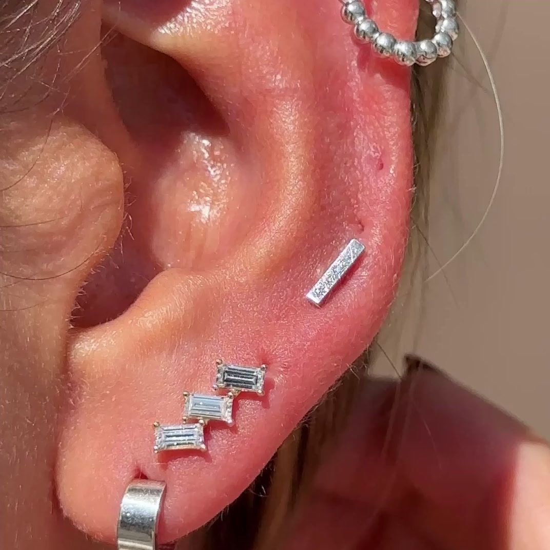 Baguette Cascade Flat Back Stud in Solid 14k White Gold