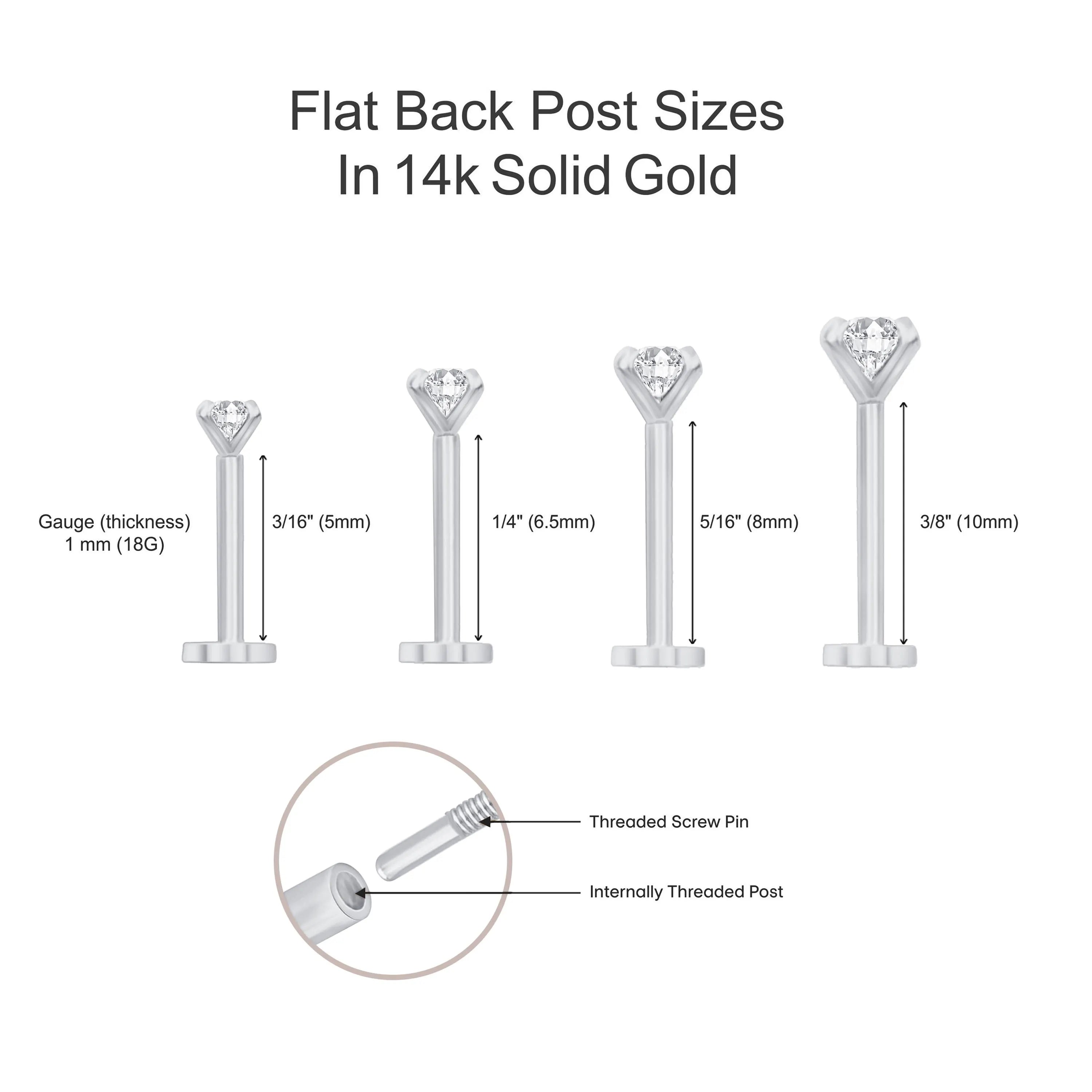 Three Bead Bar Flat Back Stud in Solid 14k White Gold