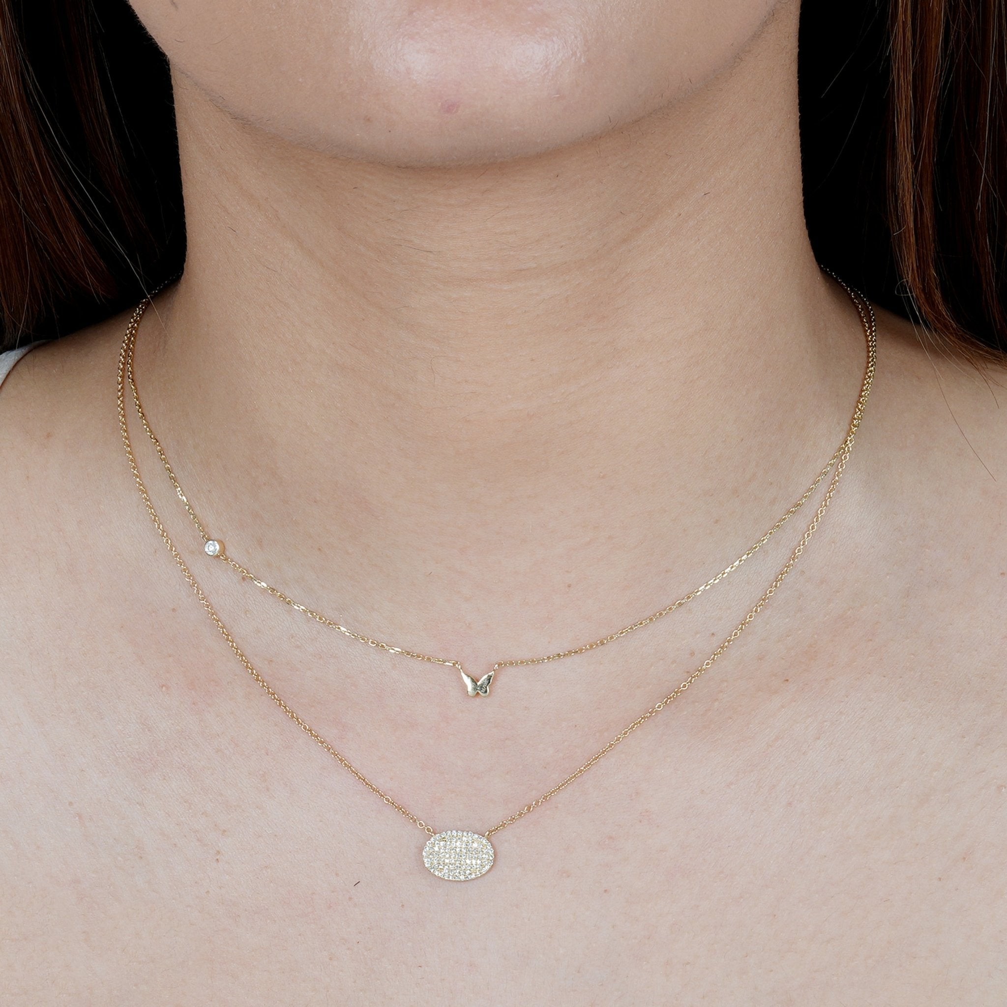 Bubble Butterfly and Diamond Station Necklace in Solid 14k White Gold