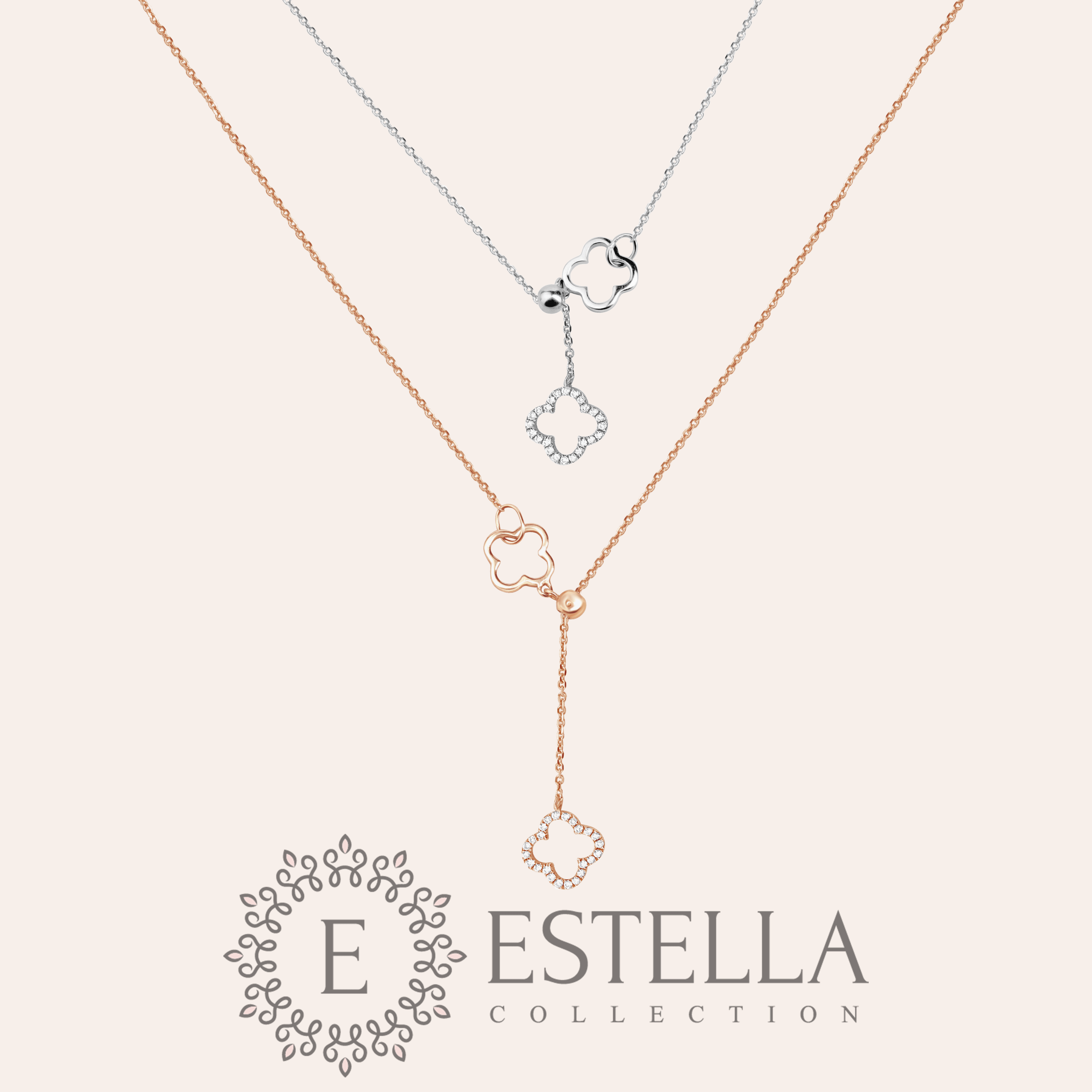 Diamond Clover Lariat Bolo Necklace in Solid 14k Rose Gold