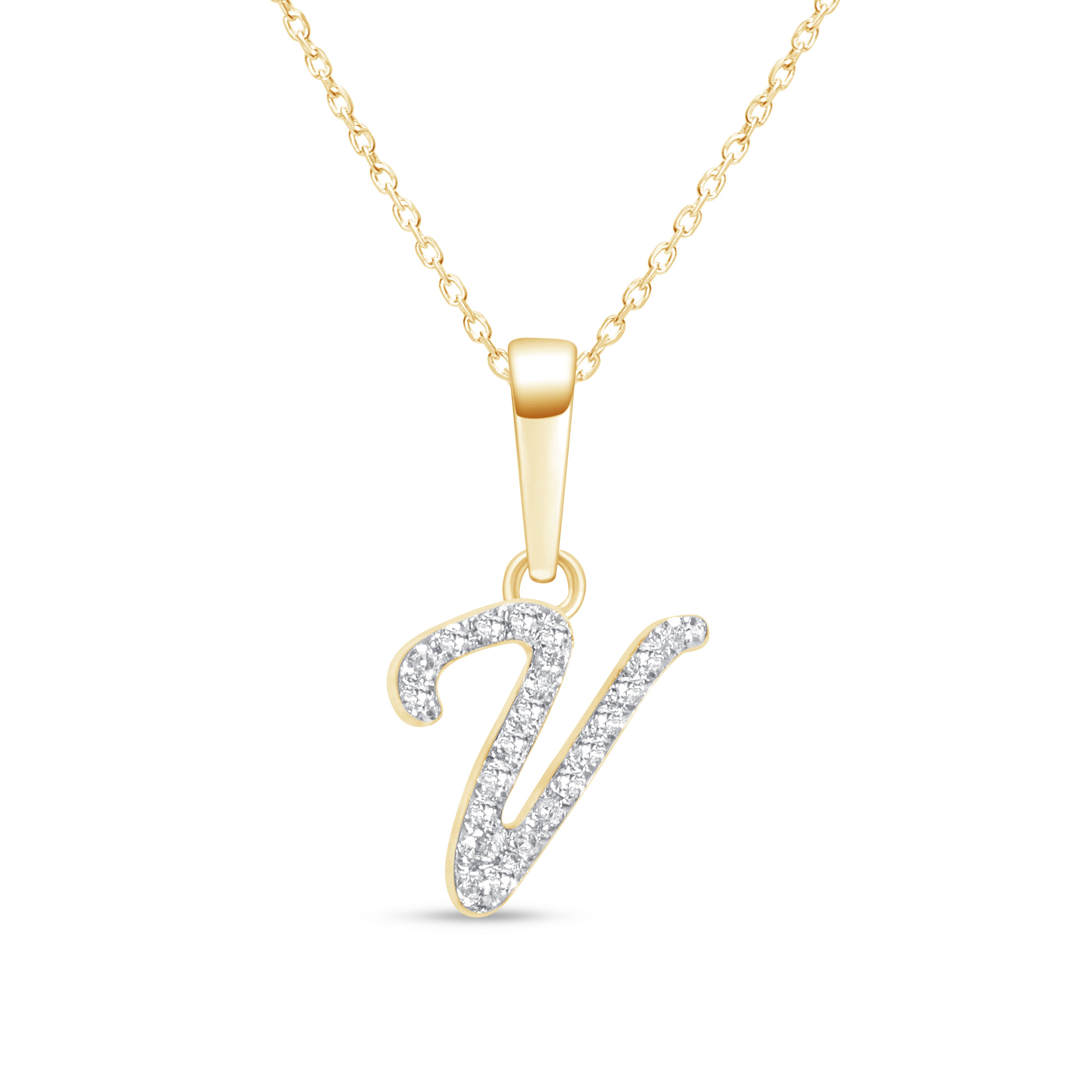 Cursive Diamond Initial Necklace in Solid 14k Yellow Gold - V