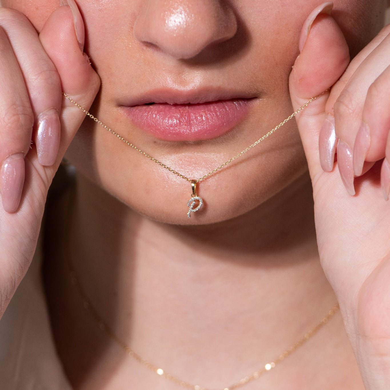 Cursive Diamond Initial Necklace in Solid 14k Yellow Gold - P