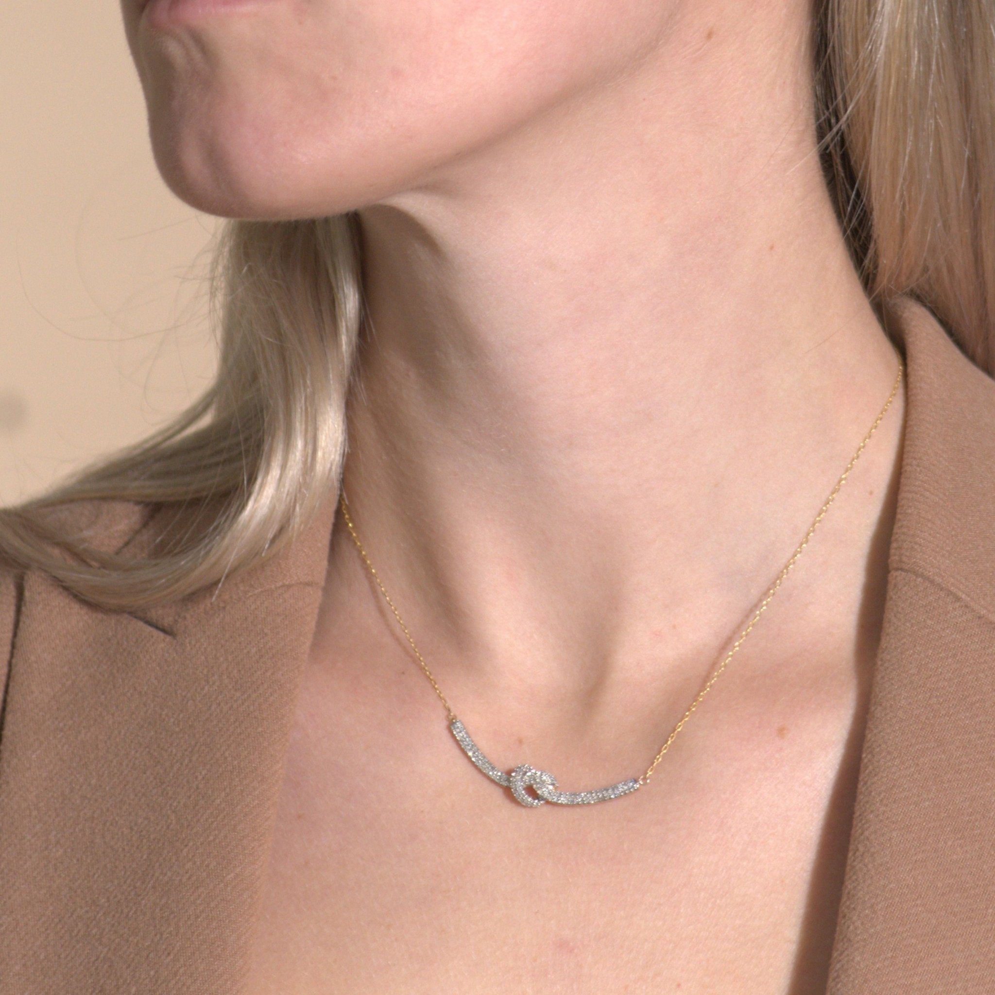 Heart Knot Diamond Bar Necklace in Solid 10k Yellow Gold
