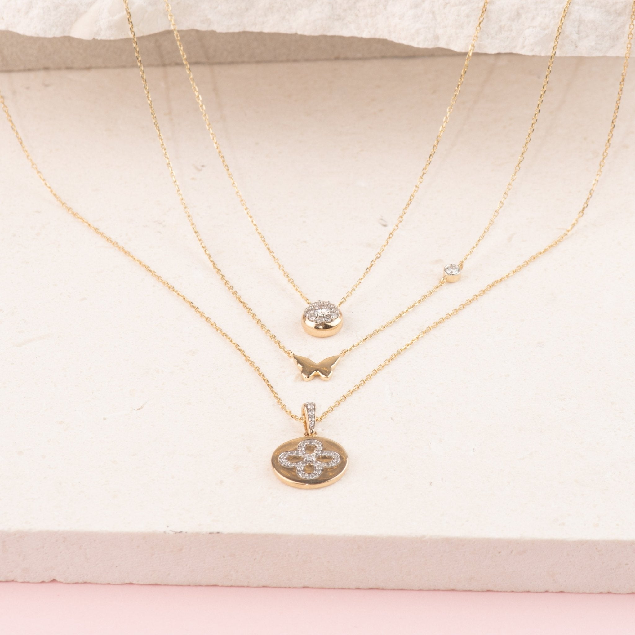 Bubble Butterfly and Diamond Station Necklace in Solid 14k White Gold