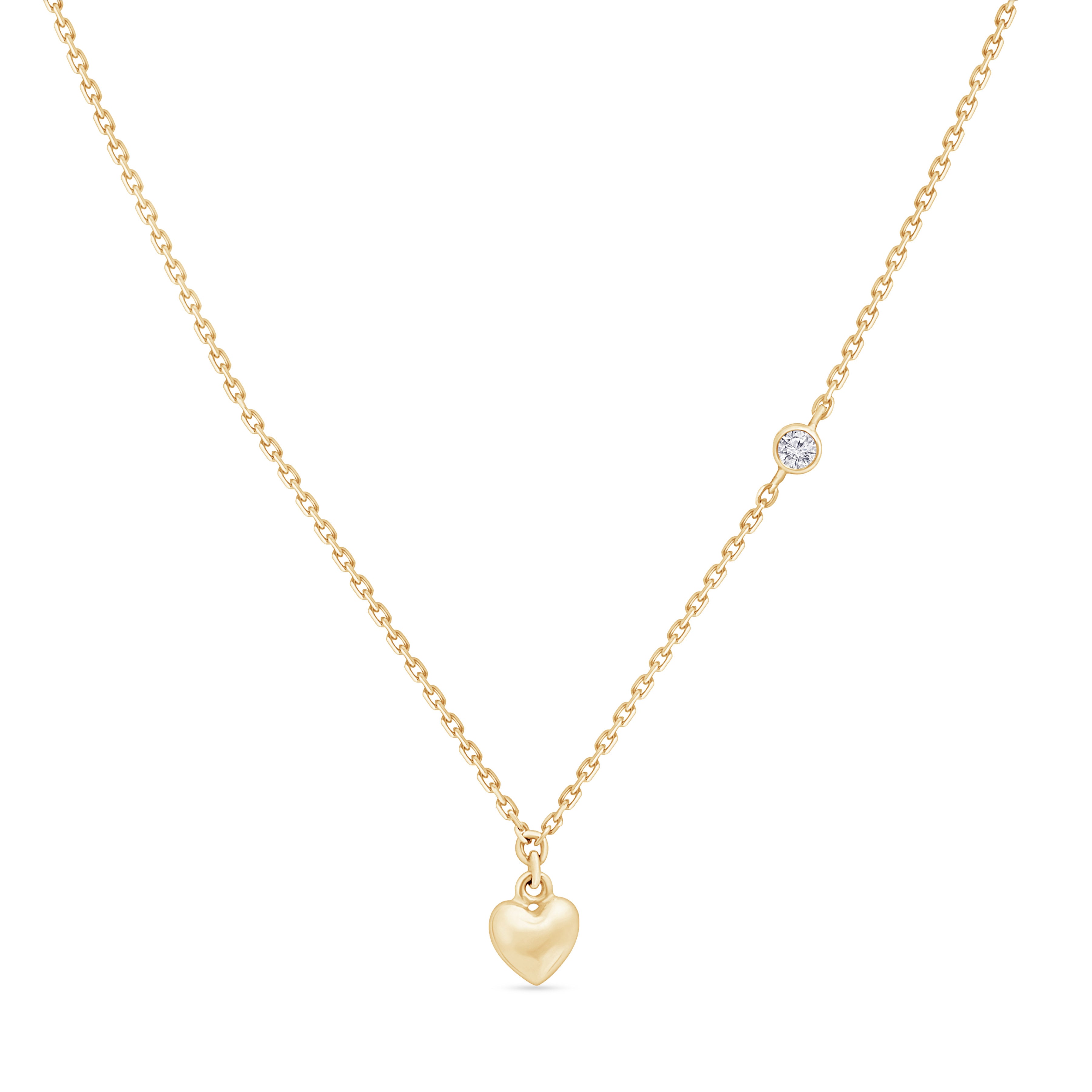 Bubble Heart and Diamond Station Necklace in Solid 14k Yellow Gold