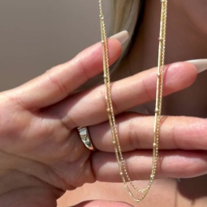 Beaded And Cuban Double Layer Chain Necklace in Solid 14k Yellow Gold