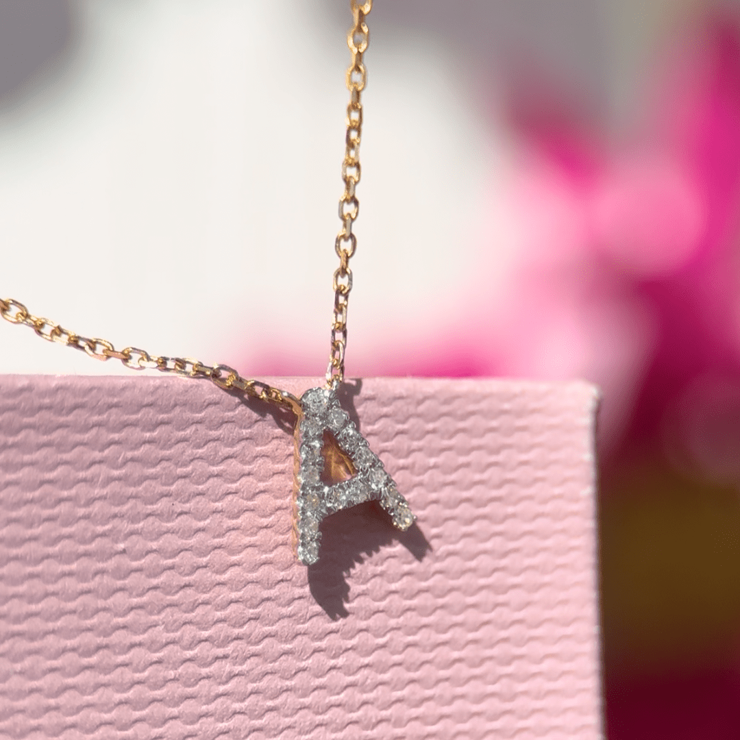 Classic Diamond Initial Charm Necklace in Solid 14k Yellow Gold