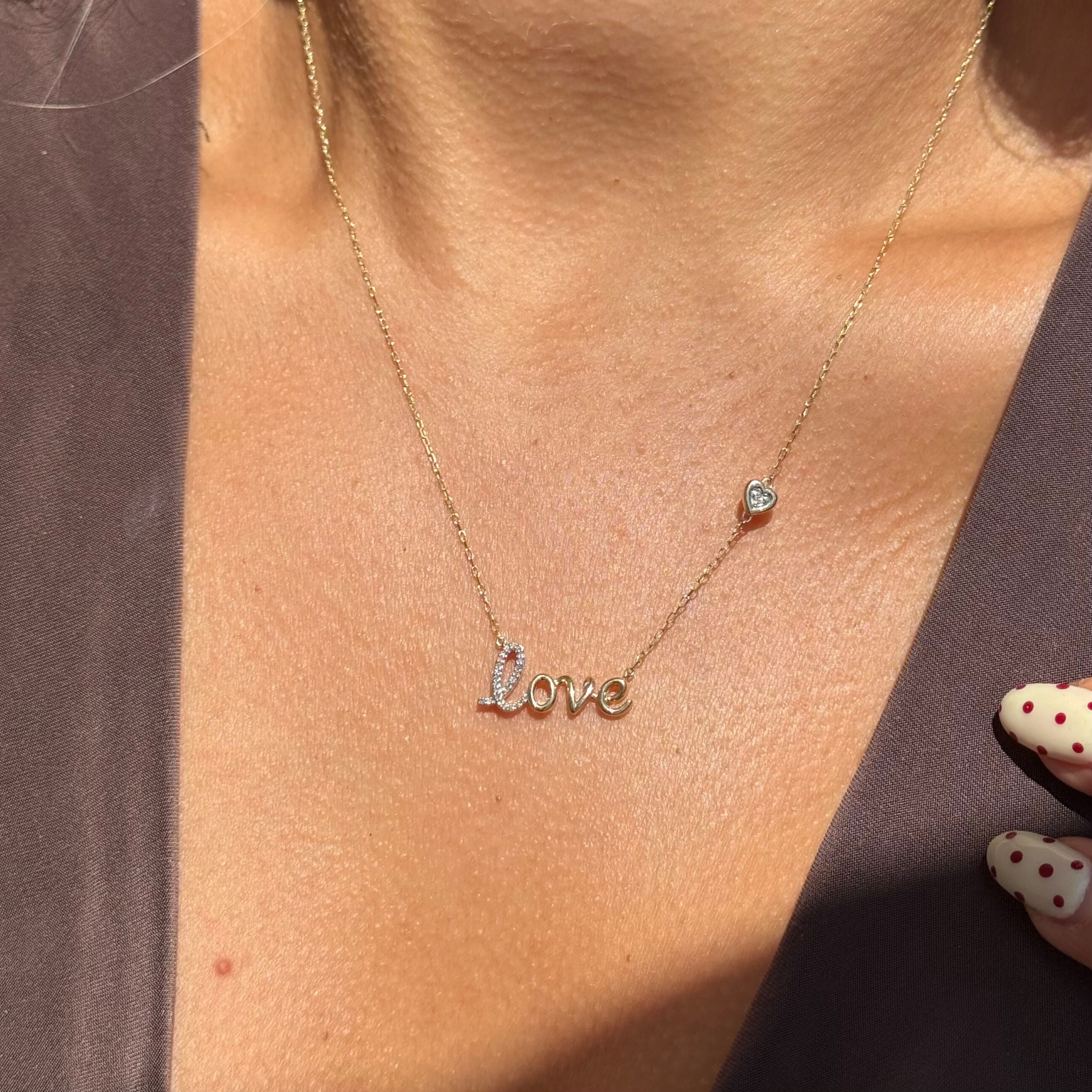 Yellow Gold Pavé Diamond LOVE Heart Necklace