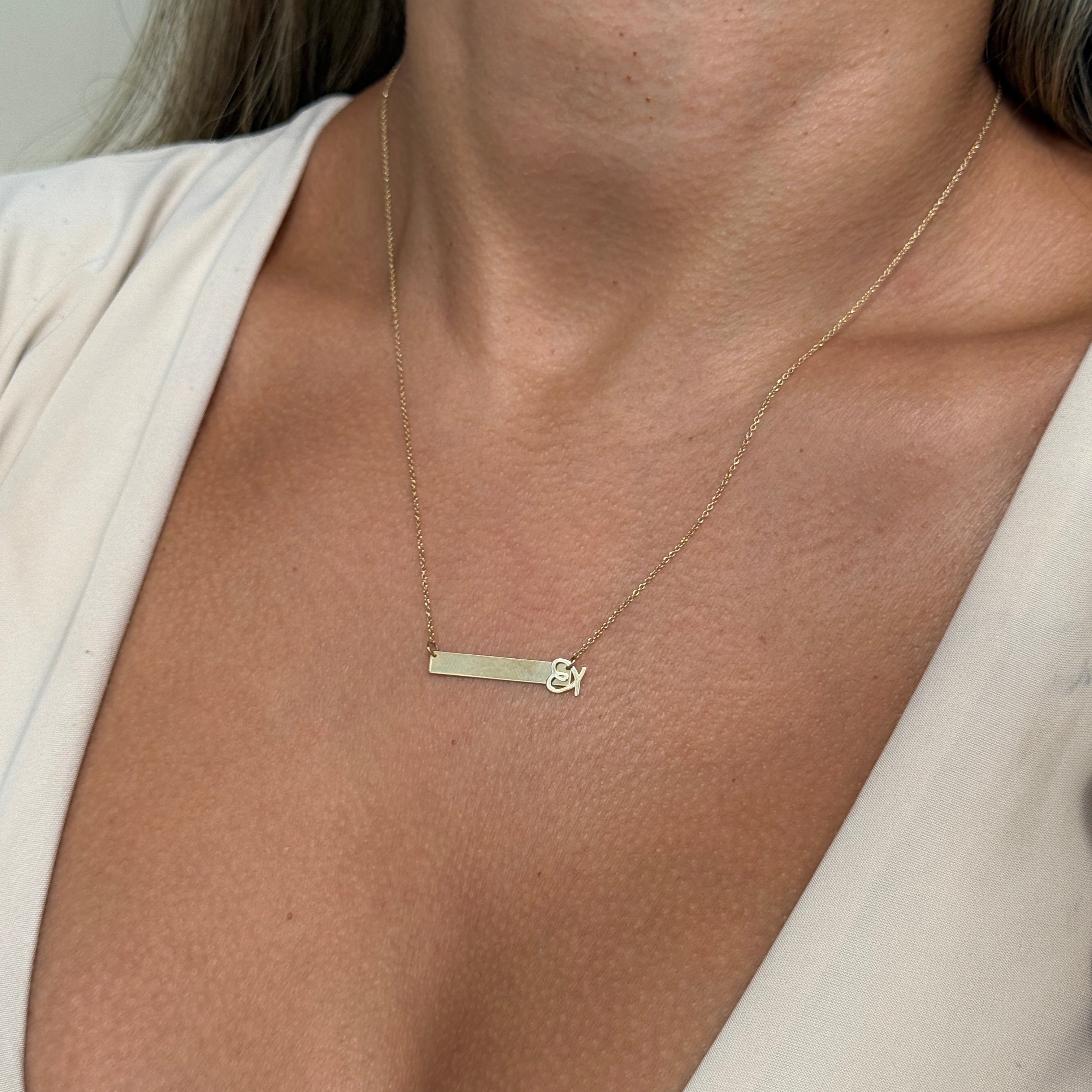 Bar Monogram Nameplate Necklace Gold in Solid 14k Yellow Gold