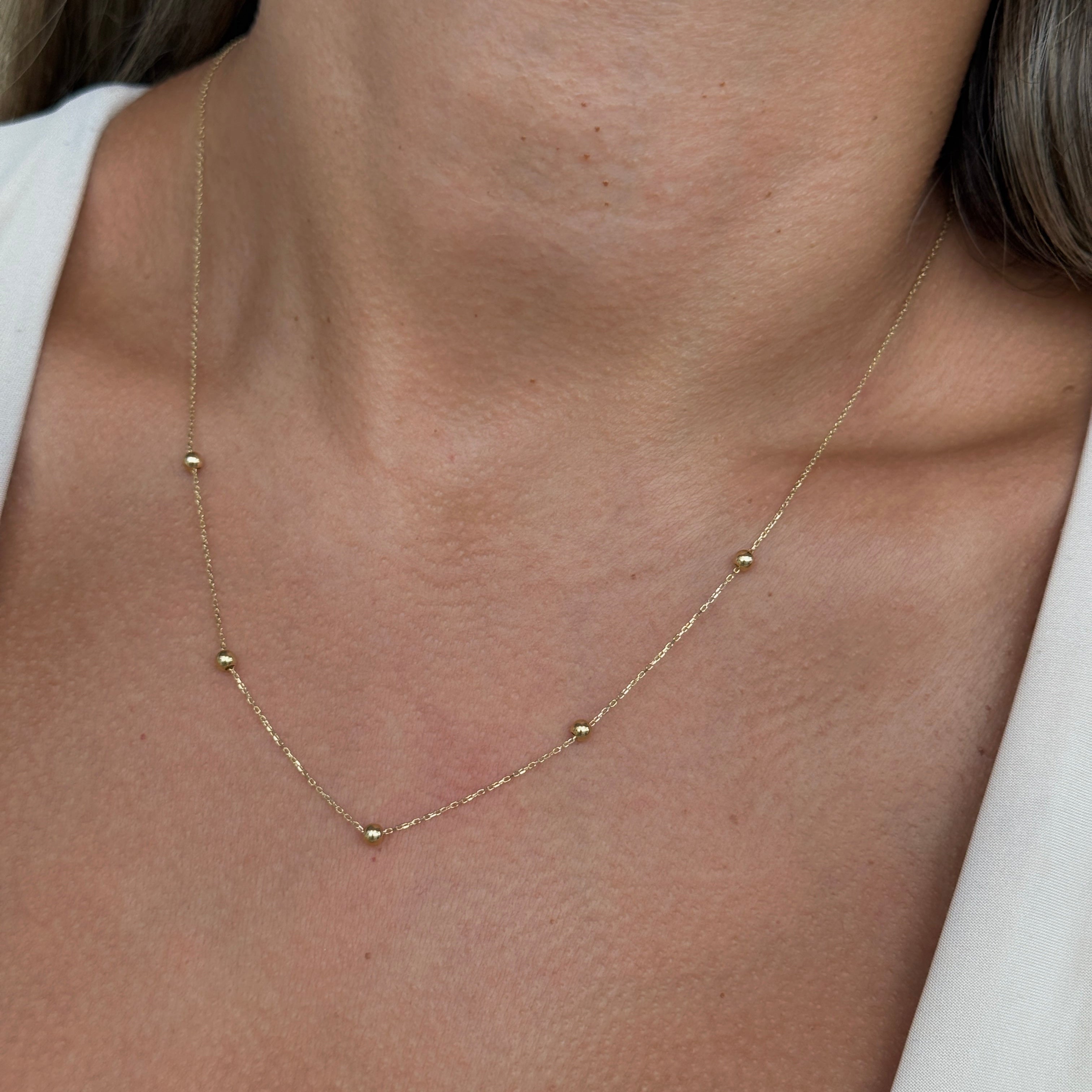 32" Beaded Station Layering Necklace in Solid 14k Yellow Gold