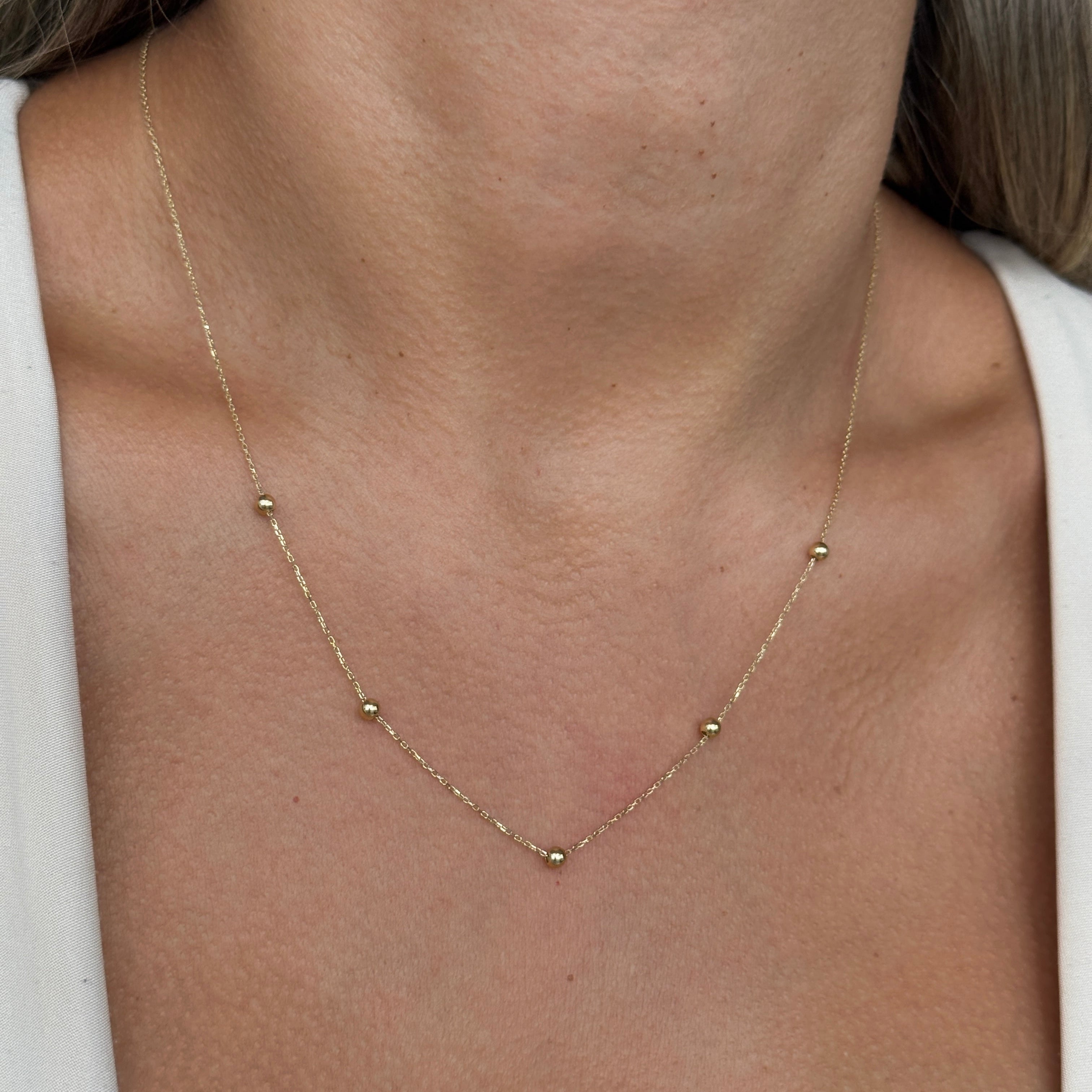 32" Beaded Station Layering Necklace in Solid 14k Yellow Gold