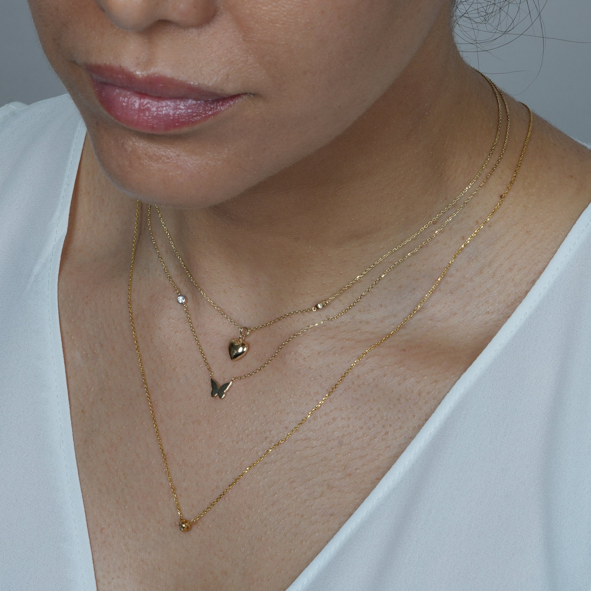 Bubble Butterfly and Diamond Station Necklace in Solid 14k White Gold