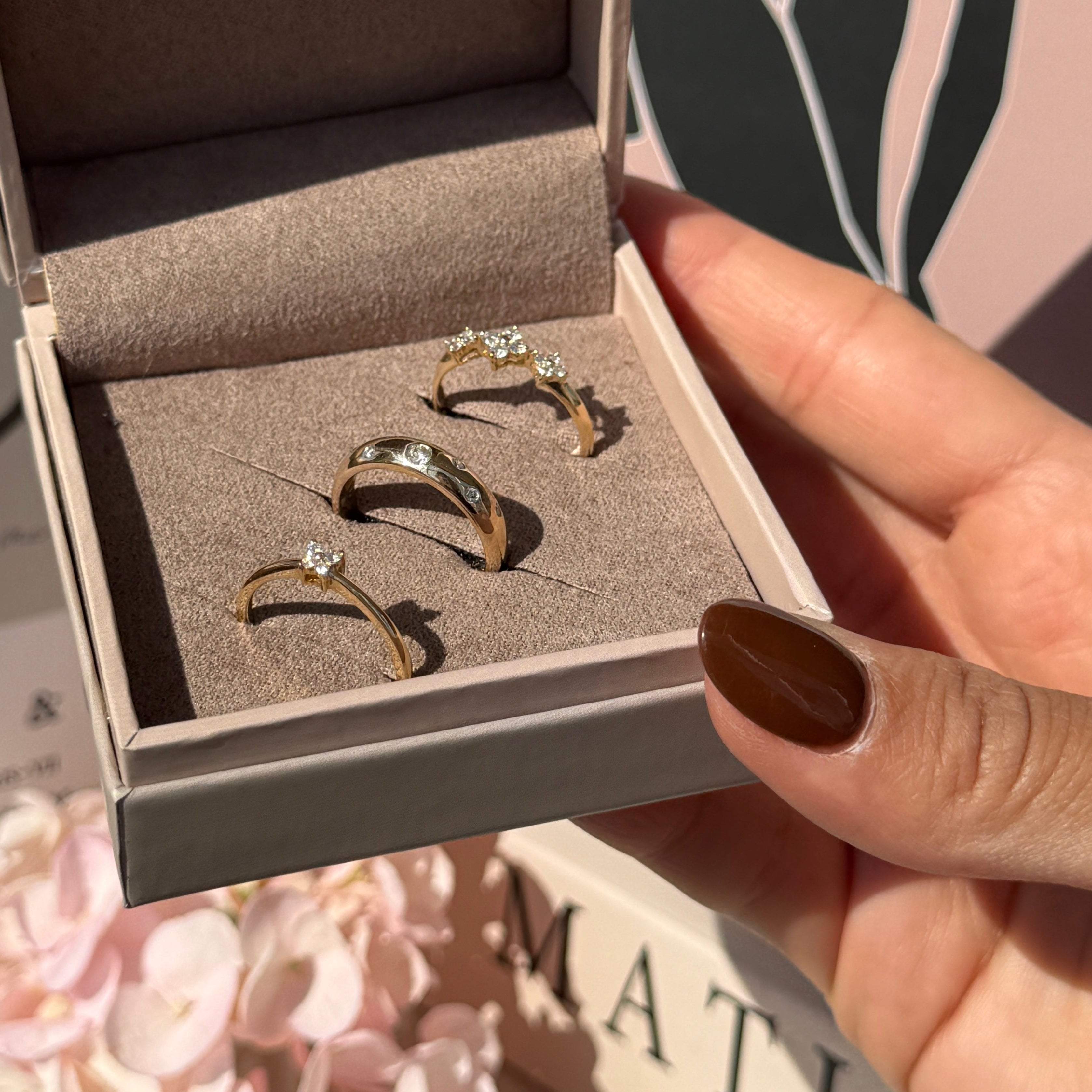 Three Flower Diamond Ring in Solid 14k Yellow Gold