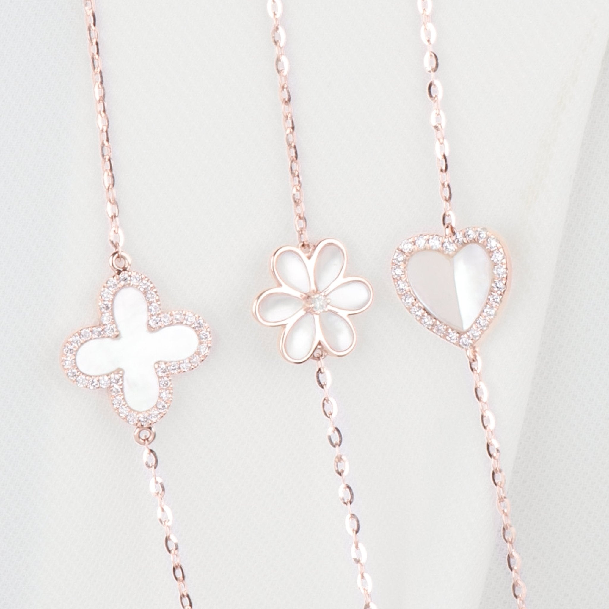 Mother of Pearl Flower with Diamonds Station Necklace in Solid 14k Rose Gold