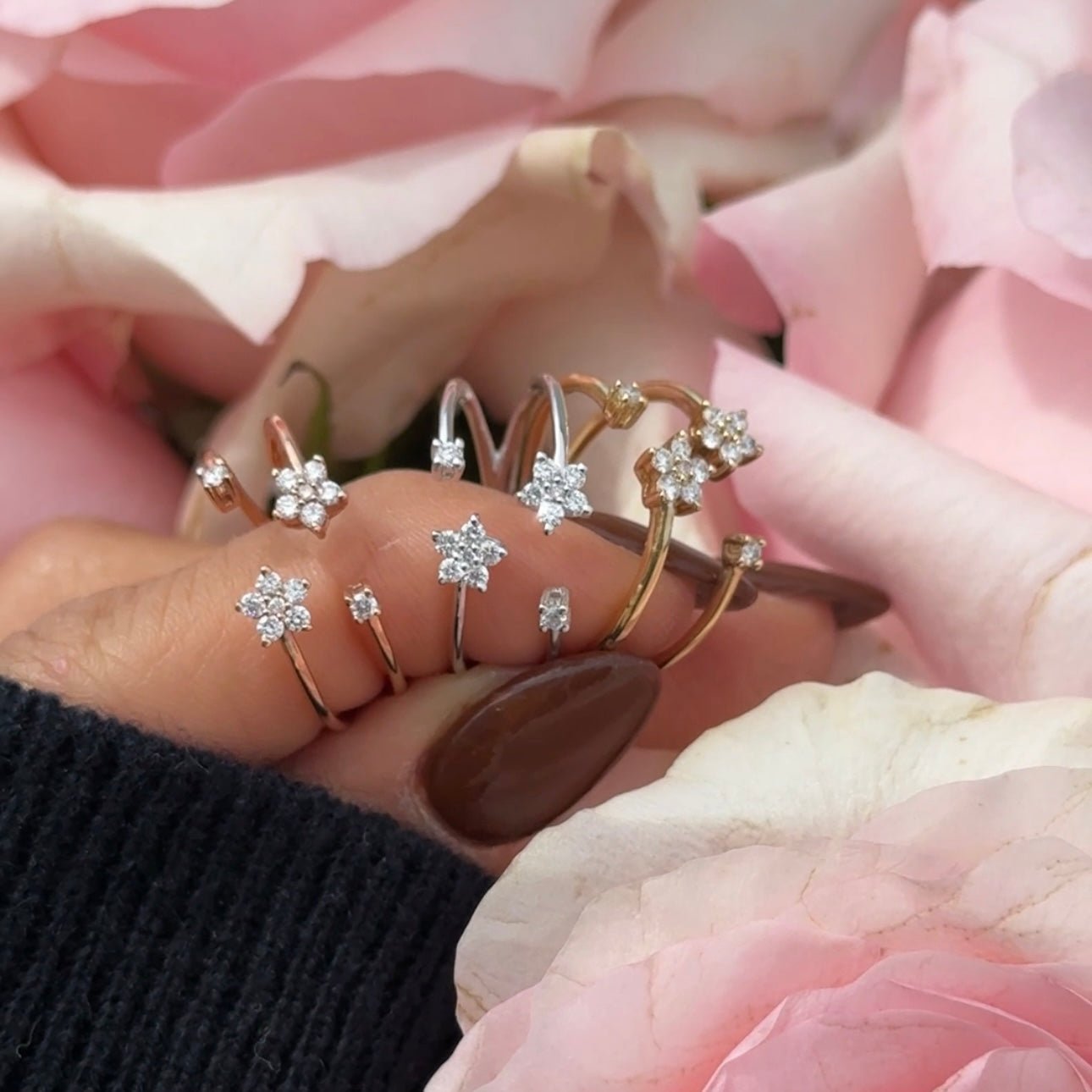 Floating Diamond Flower Wrap Ring in Solid 14k White Gold