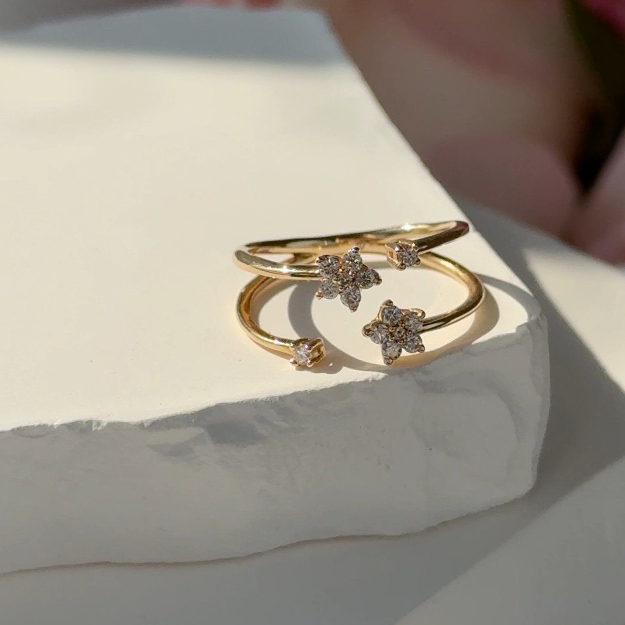 Floating Diamond Flower Wrap Ring in Solid 14k Yellow Gold