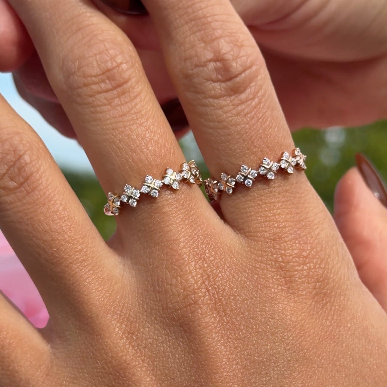 Diamond Clover Criss Cross Eternity Ring in Solid 14k Yellow Gold
