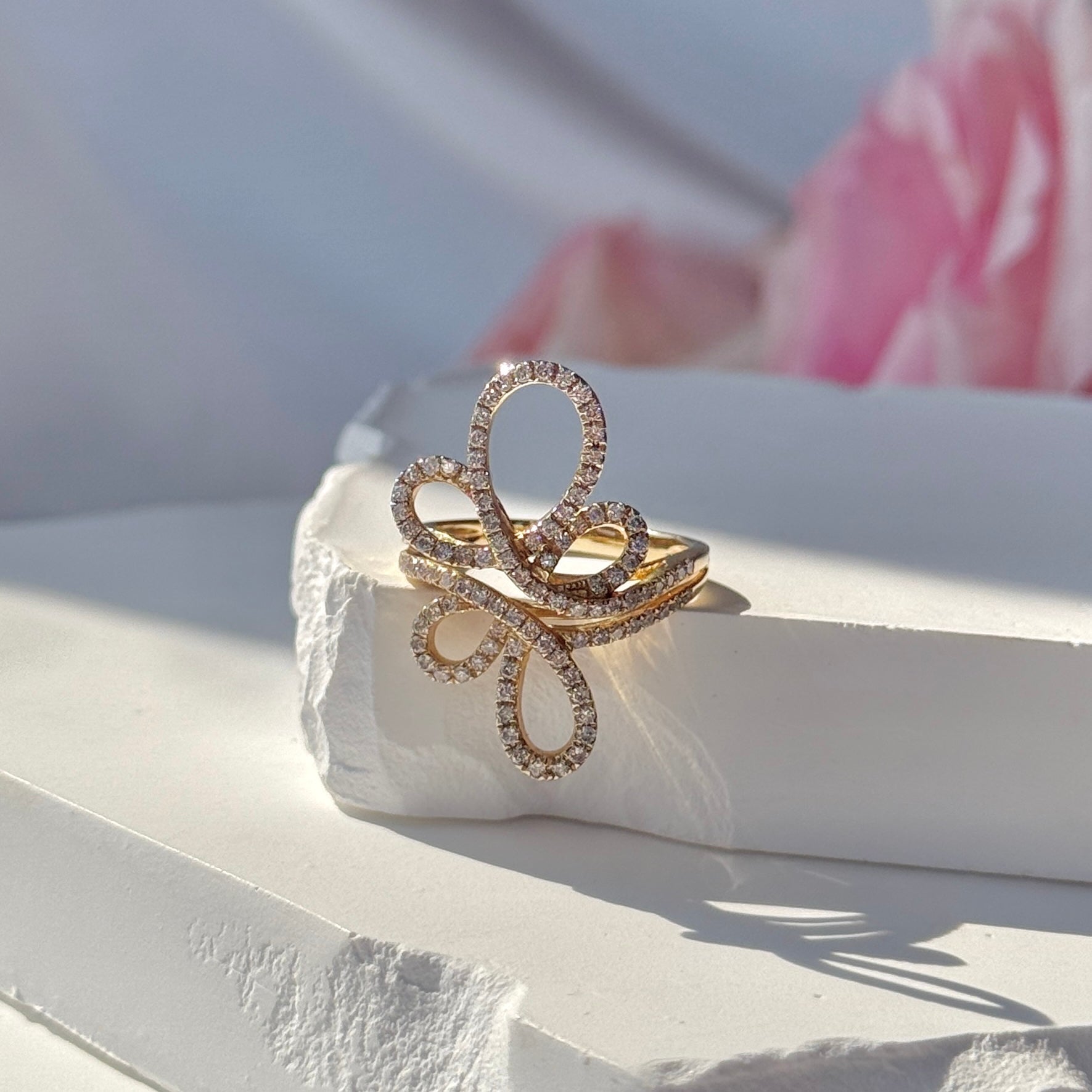 Abstract Diamond Flower Cocktail Ring in Solid 14k Yellow Gold