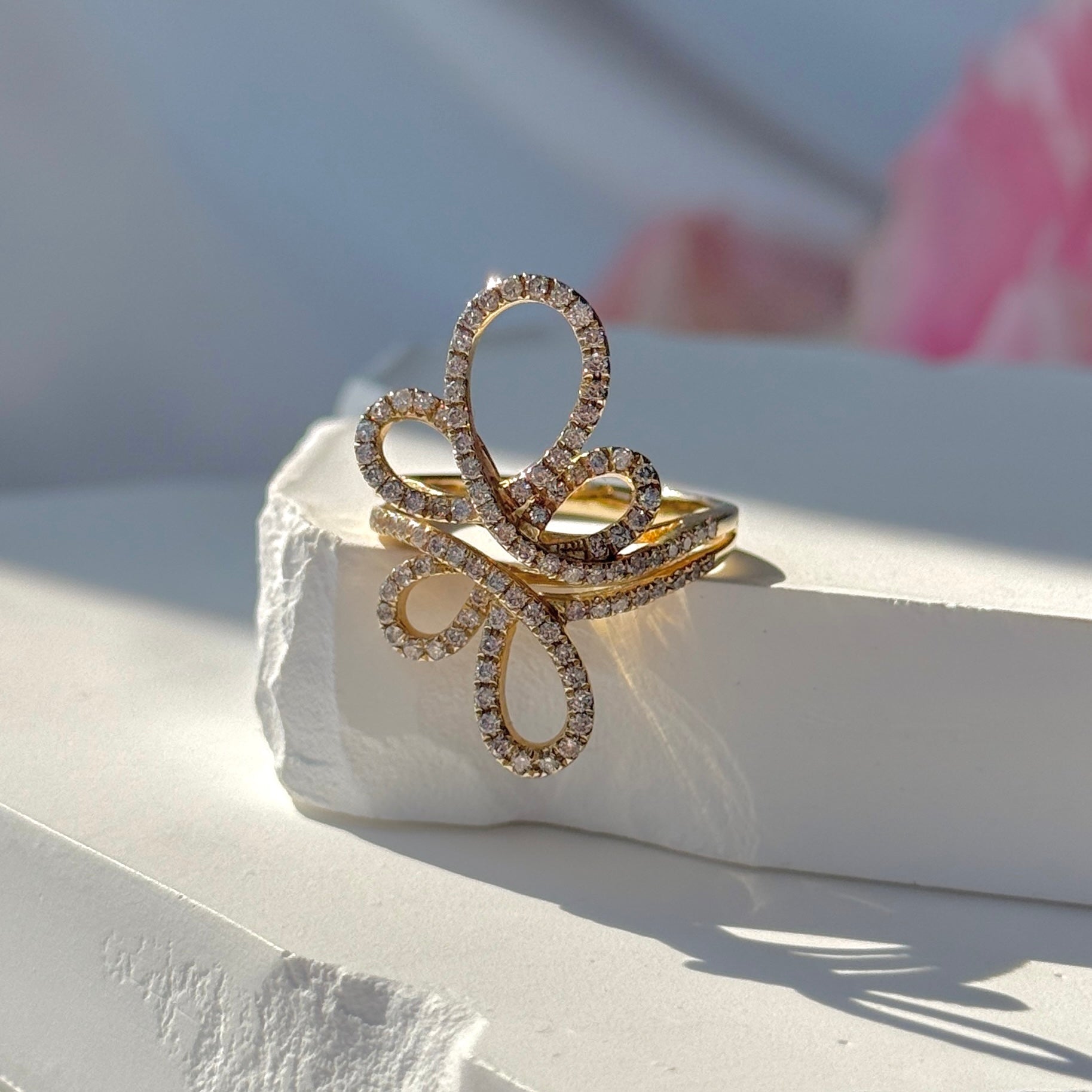 Abstract Diamond Flower Cocktail Ring in Solid 14k Yellow Gold