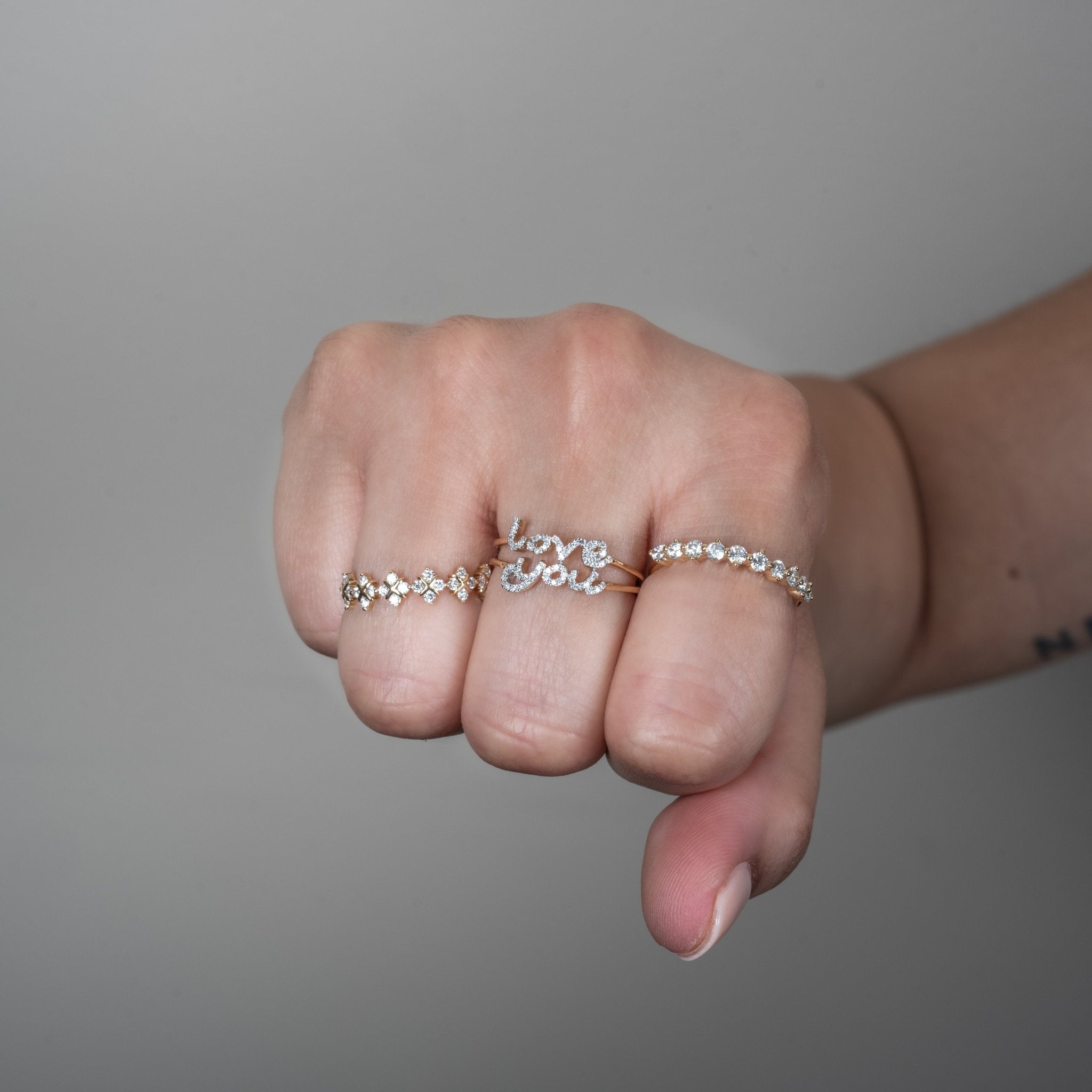 Diamond Love You Cursive Ring in Solid 14k White Gold