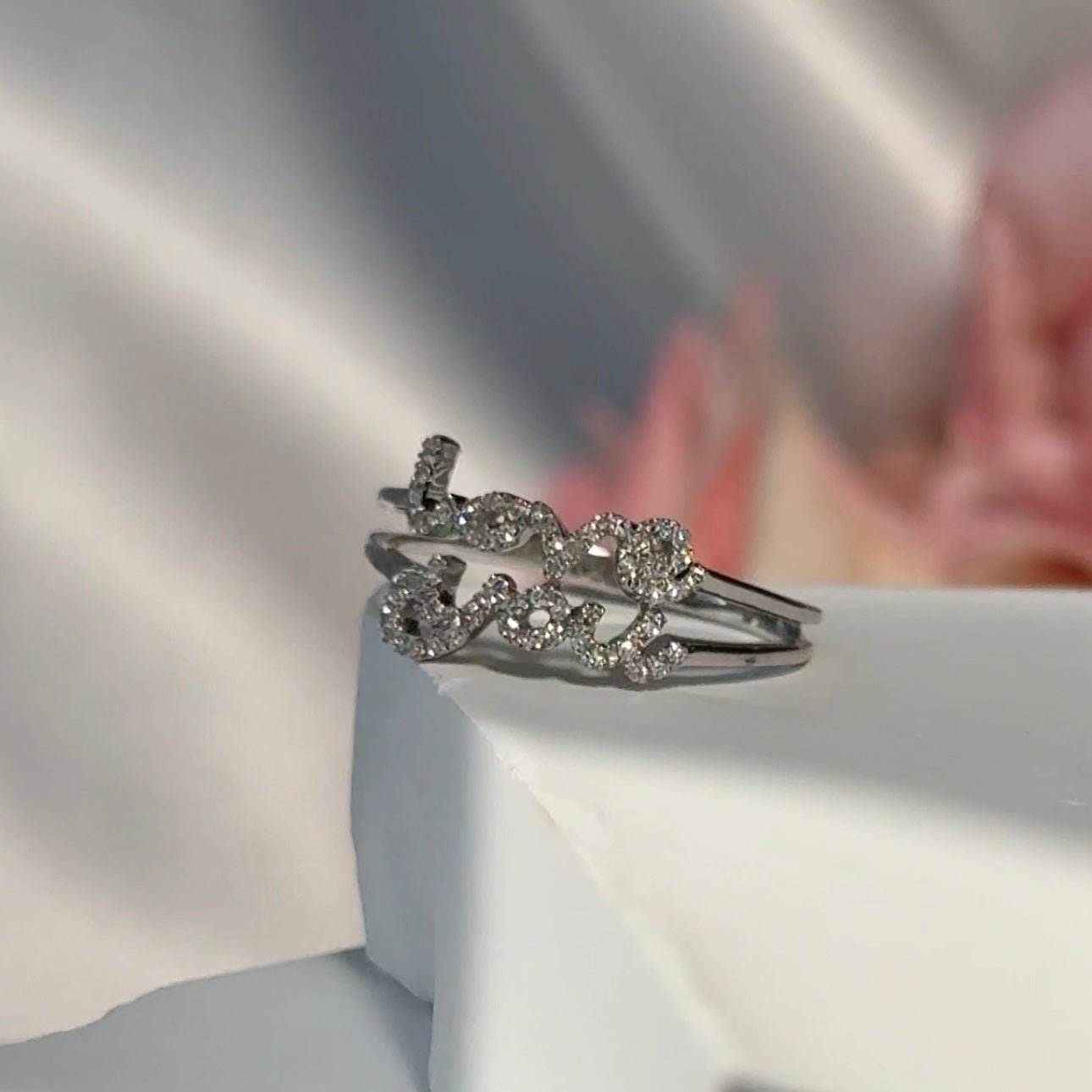 Diamond Love You Cursive Ring in Solid 14k White Gold