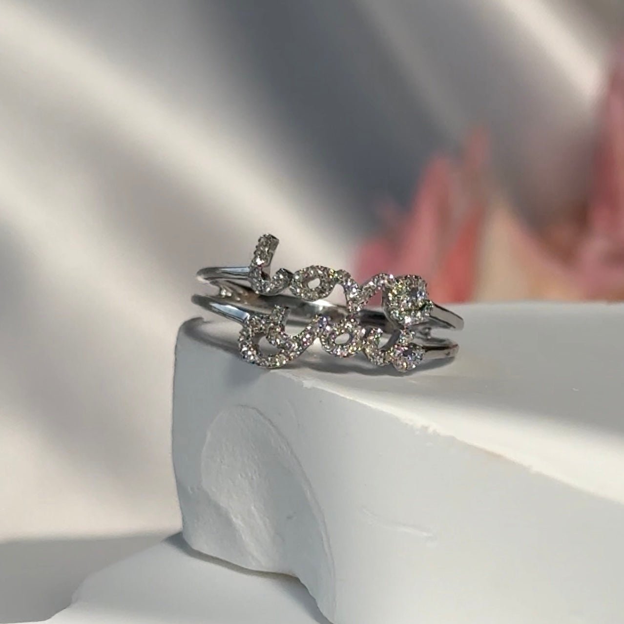 Diamond Love You Cursive Ring in Solid 14k White Gold