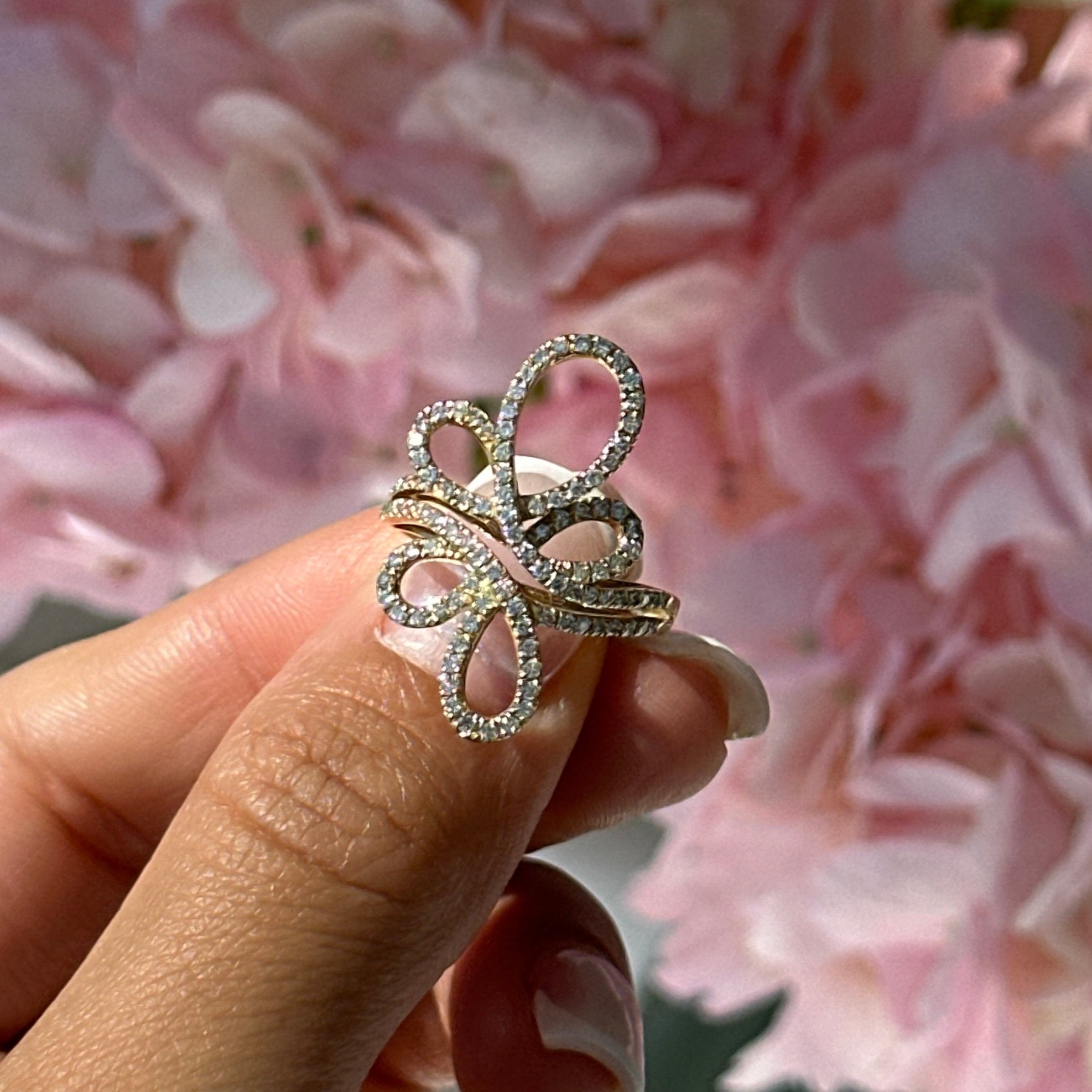 Abstract Diamond Flower Cocktail Ring in Solid 14k Yellow Gold