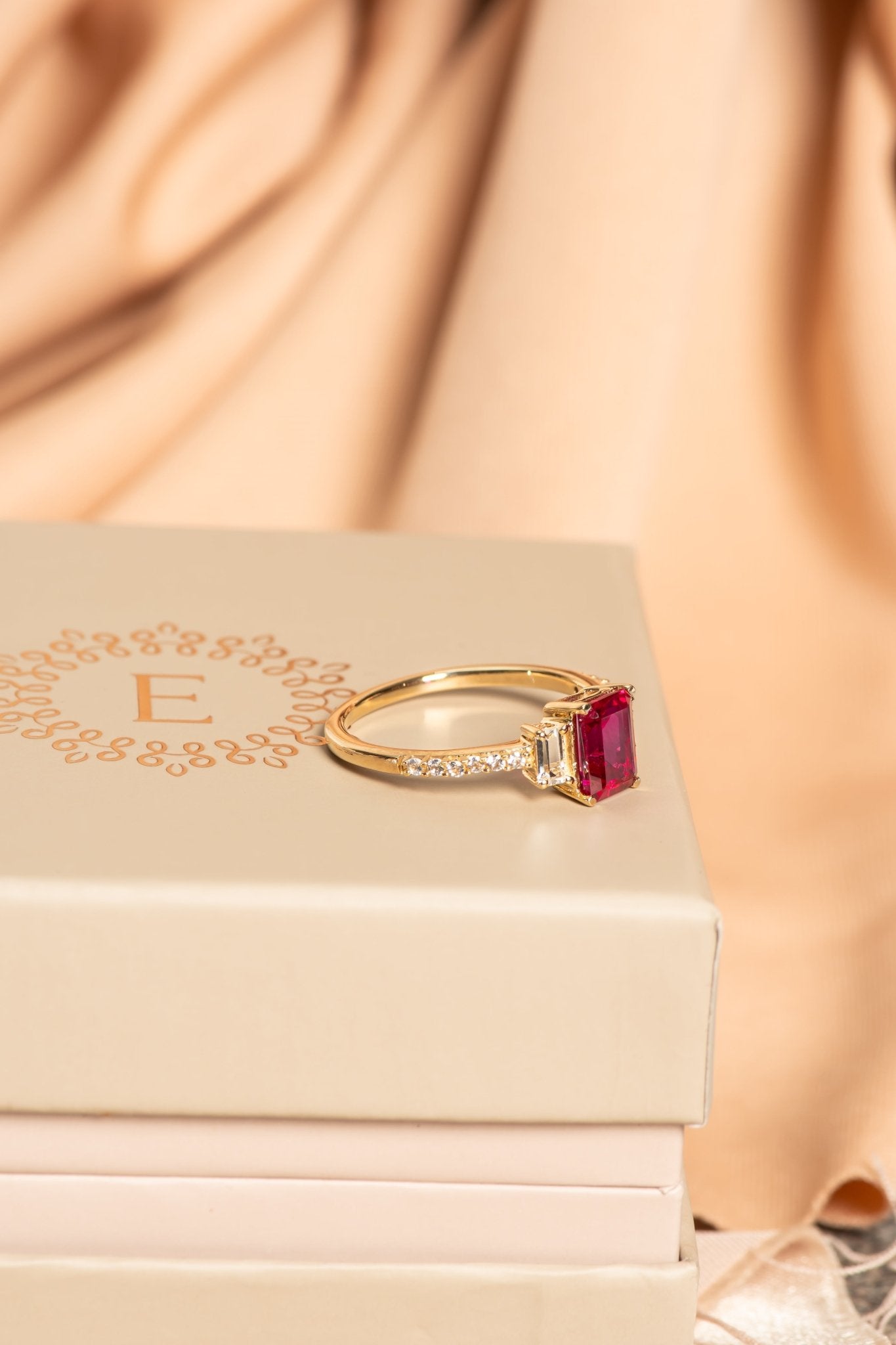 Three Stone Emerald Cut Ruby Ring with White Sapphire Band Rings Estellacollection #product_description# 32749 Made to Order Ruby Vday15 #tag4# #tag5# #tag6# #tag7# #tag8# #tag9# #tag10#