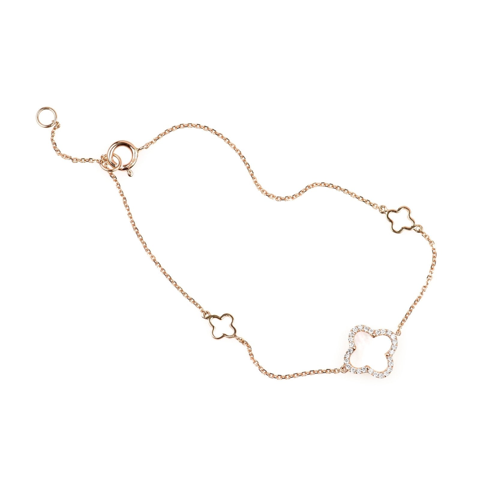 Mini Mother of Pearl and Diamond Halo Clover Station Bracelet in Solid 14k Rose Gold