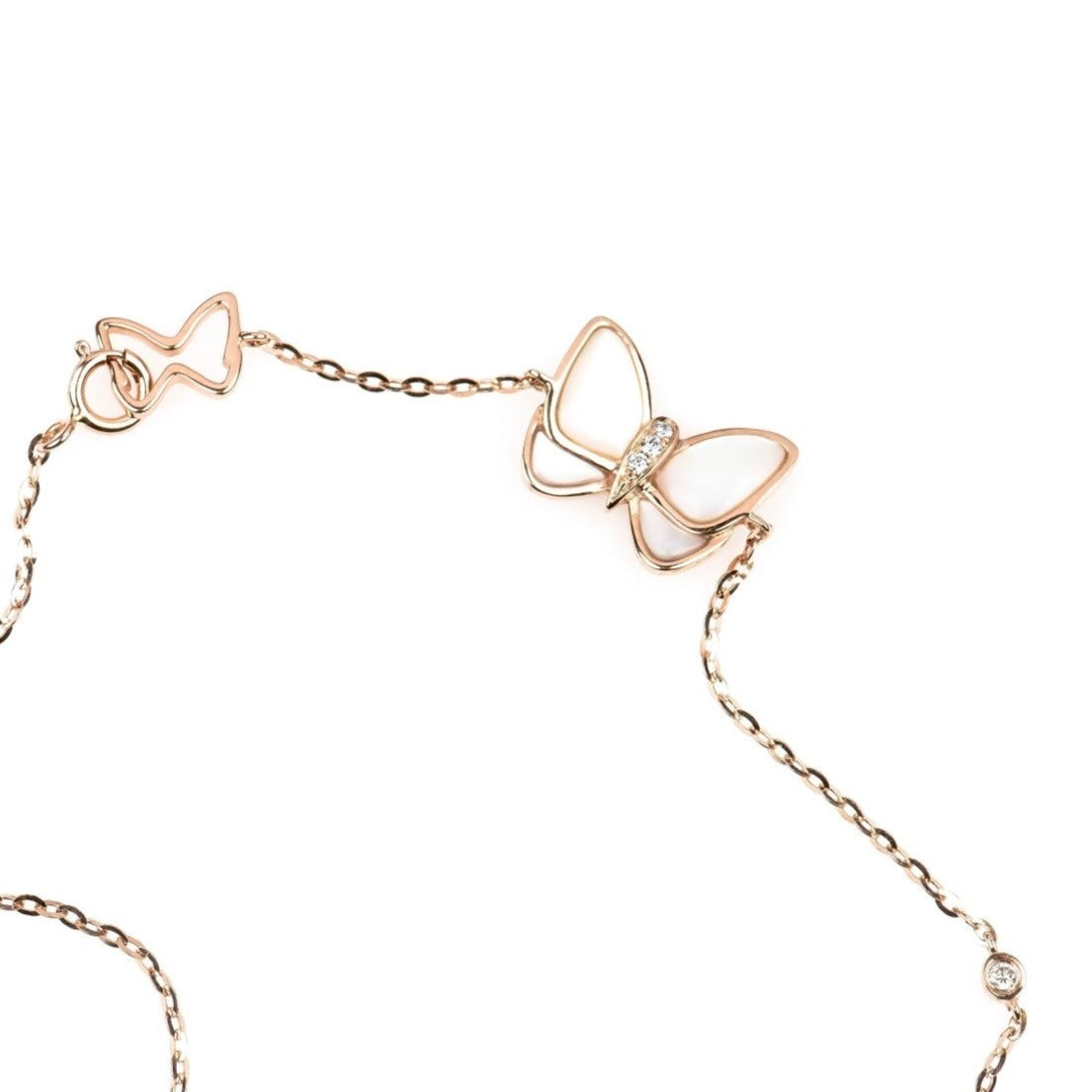 Mother of Pearl and Diamond Center Butterfly Station Bracelet in Solid 14k Rose Gold