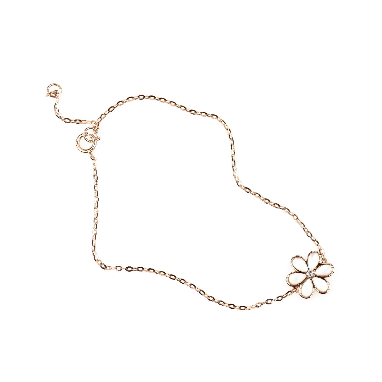 Mother of Pearl and Diamond Center Flower Station Bracelet in Solid 14k Rose Gold