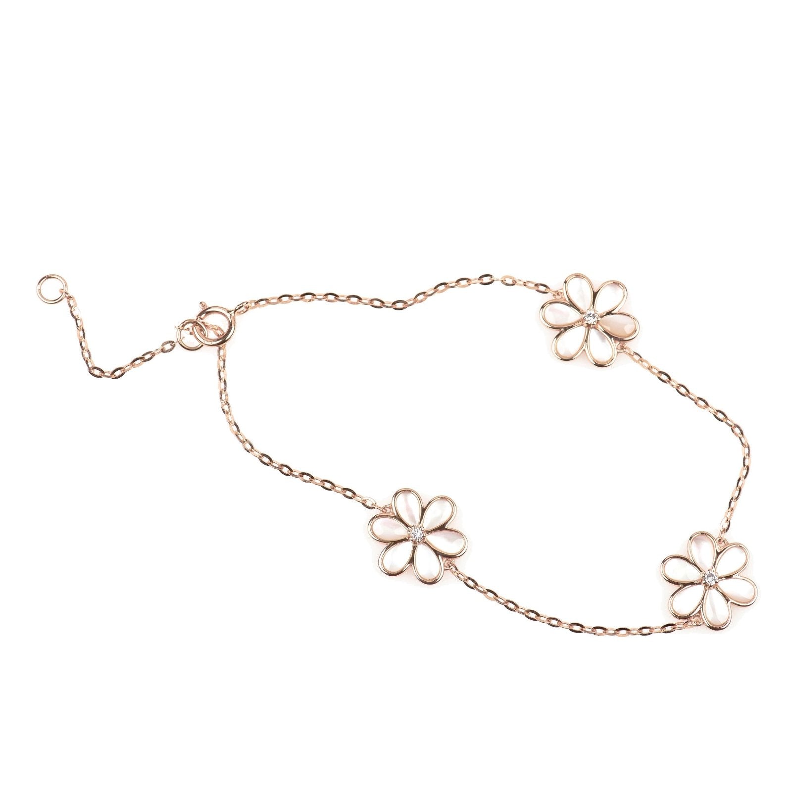 Mother of Pearl and Diamond Center Flower Triple Station Bracelet in Solid 14k Rose Gold