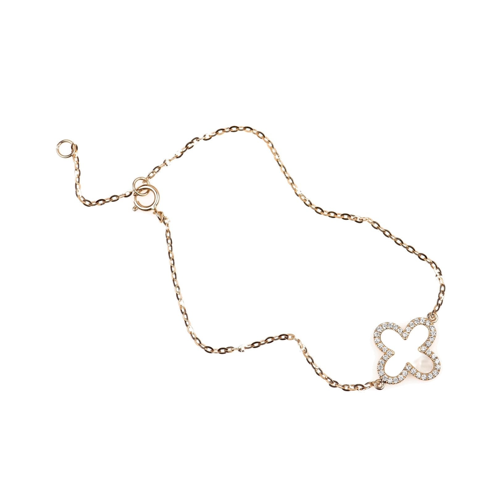 Mother of Pearl and Diamond Halo Clover Station Bracelet in Solid 14k Rose Gold