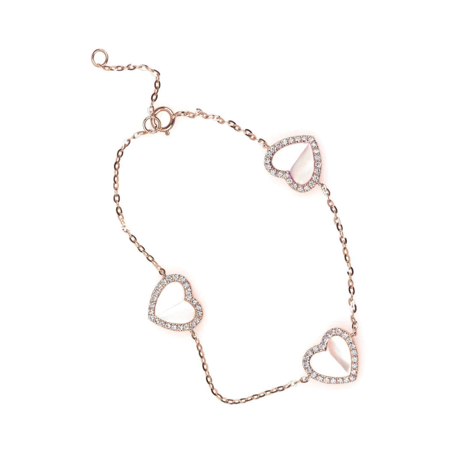 Mother of Pearl and Diamond Halo Heart Triple Station Bracelet in Solid 14k Rose Gold