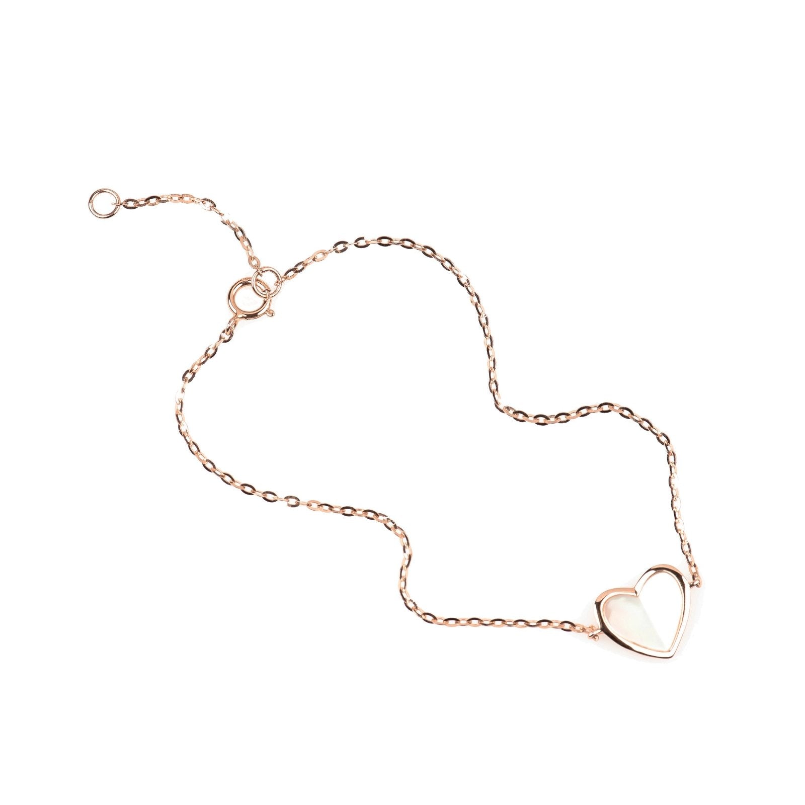 Mother of Pearl Heart Station Bracelet Bezel Set in Solid 14k Rose Gold