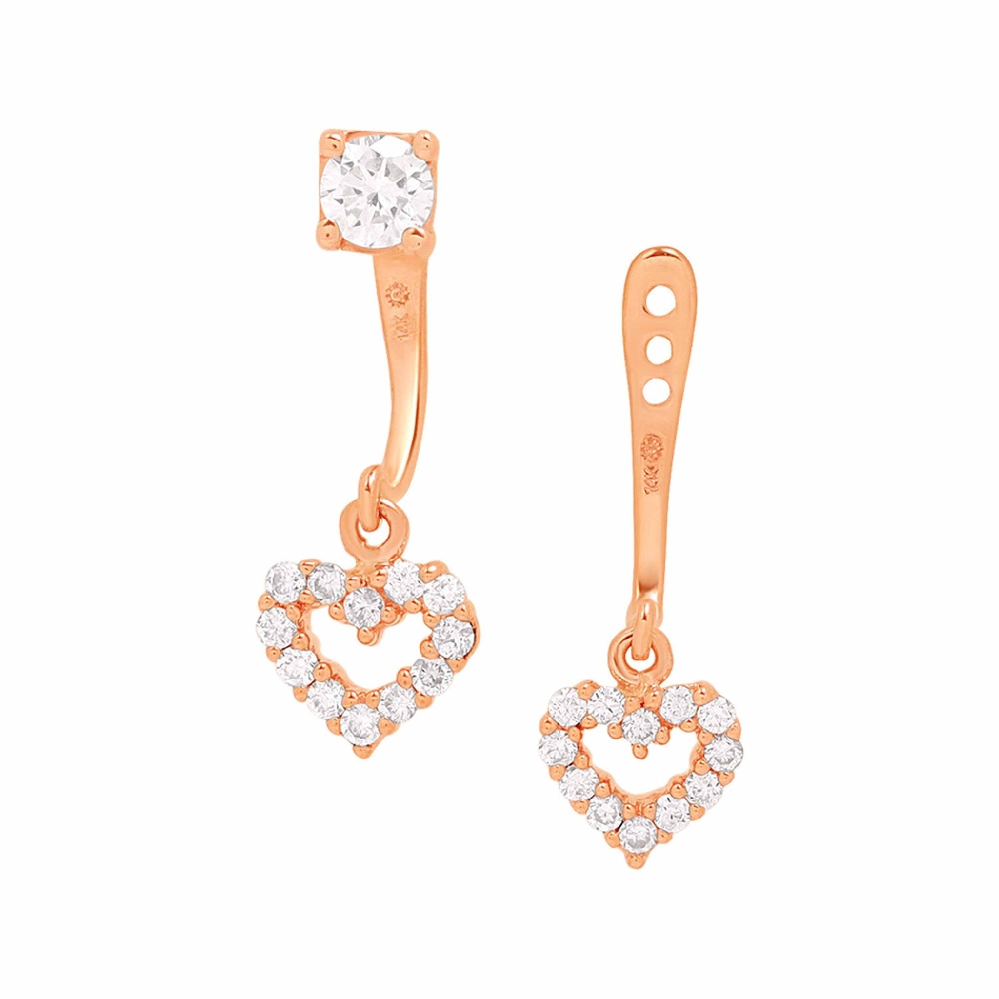 Diamond Heart Ear Jacket & Stud in Solid 14k Rose Gold