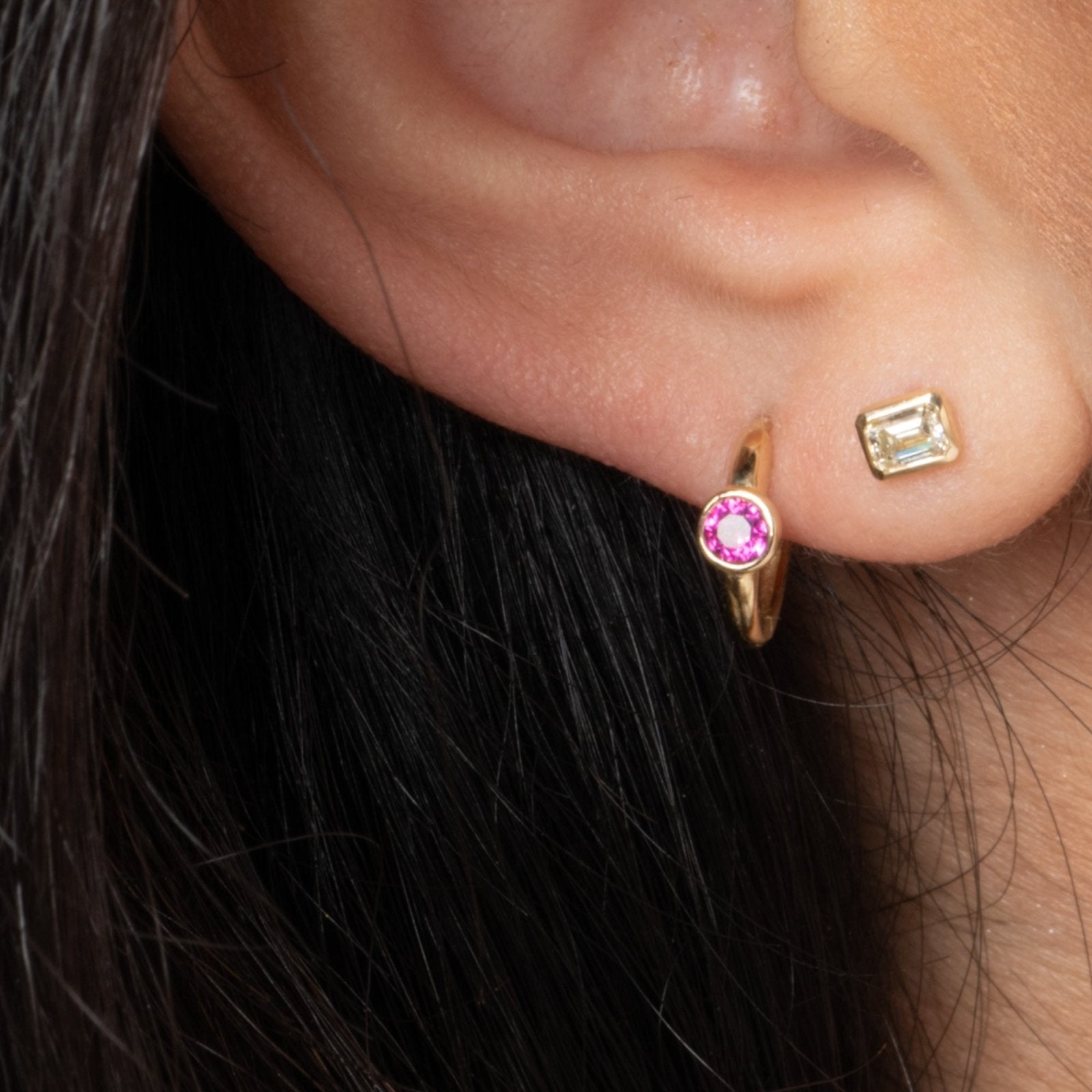 Bezel Set Ruby Huggie in 14k Gold Earrings Estellacollection #product_description# 18369 14k Birthstone cartilage hoop #tag4# #tag5# #tag6# #tag7# #tag8# #tag9# #tag10# 6mm Single Hoop