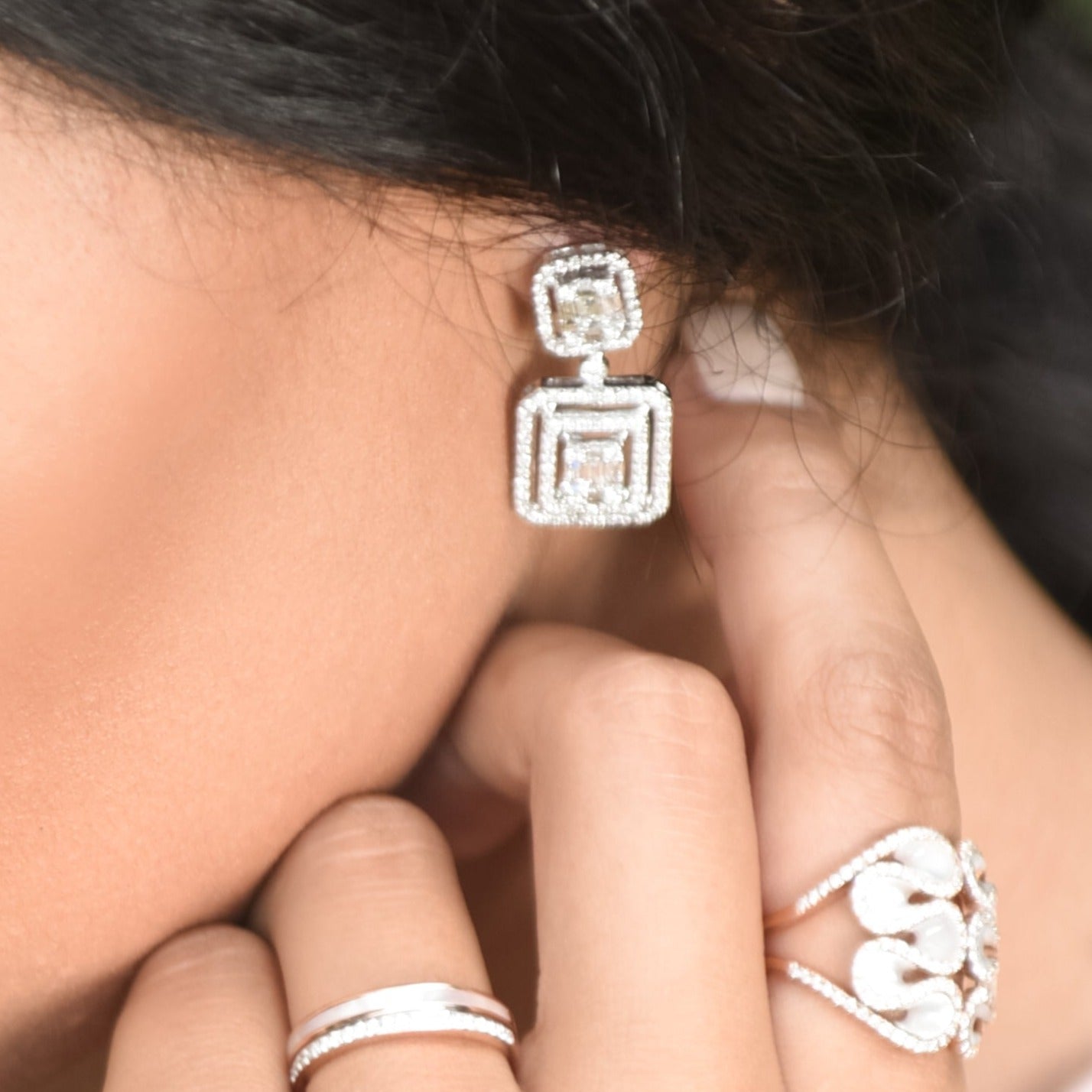 Double Baguette Diamond Halo Drop Earrings in Solid 18k White Gold Earrings Estellacollection #product_description# 18k Birthstone Birthstone Earrings #tag4# #tag5# #tag6# #tag7# #tag8# #tag9# #tag10#