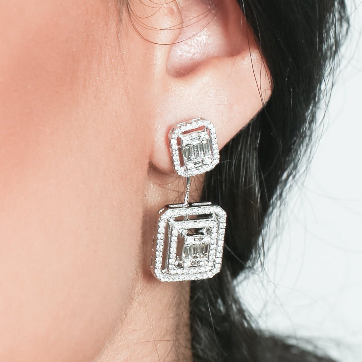 Double Baguette Diamond Halo Drop Earrings in Solid 18k White Gold Earrings Estellacollection #product_description# 18k Birthstone Birthstone Earrings #tag4# #tag5# #tag6# #tag7# #tag8# #tag9# #tag10#