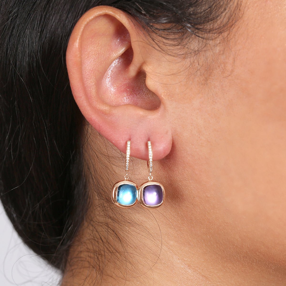 Reversible Bezel Set Amethyst and Blue Topaz Diamond Hoops Earrings Estellacollection #product_description# 14k Amethyst Birthstone #tag4# #tag5# #tag6# #tag7# #tag8# #tag9# #tag10#