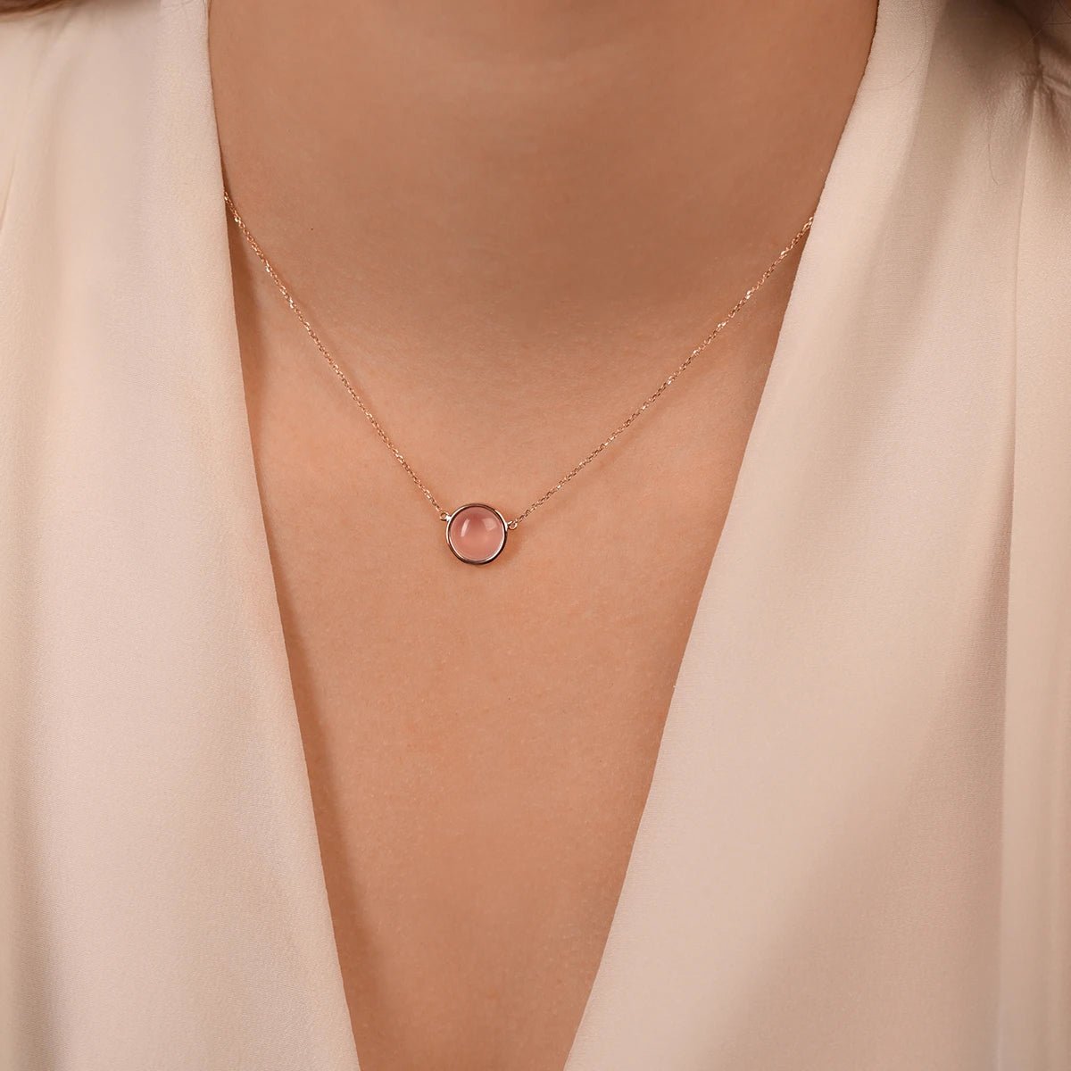 Bezel Set Rose Quartz Station Necklace in Solid 14k Rose Gold Necklaces Estellacollection #product_description# 17182 14k Make Collection pendant chain #tag4# #tag5# #tag6# #tag7# #tag8# #tag9# #tag10#