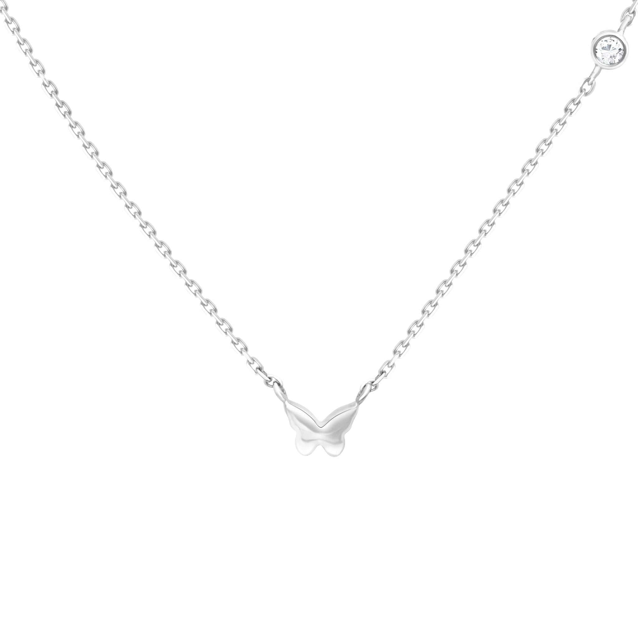 Bubble Butterfly and Diamond Station Necklace in Solid 14k White Gold