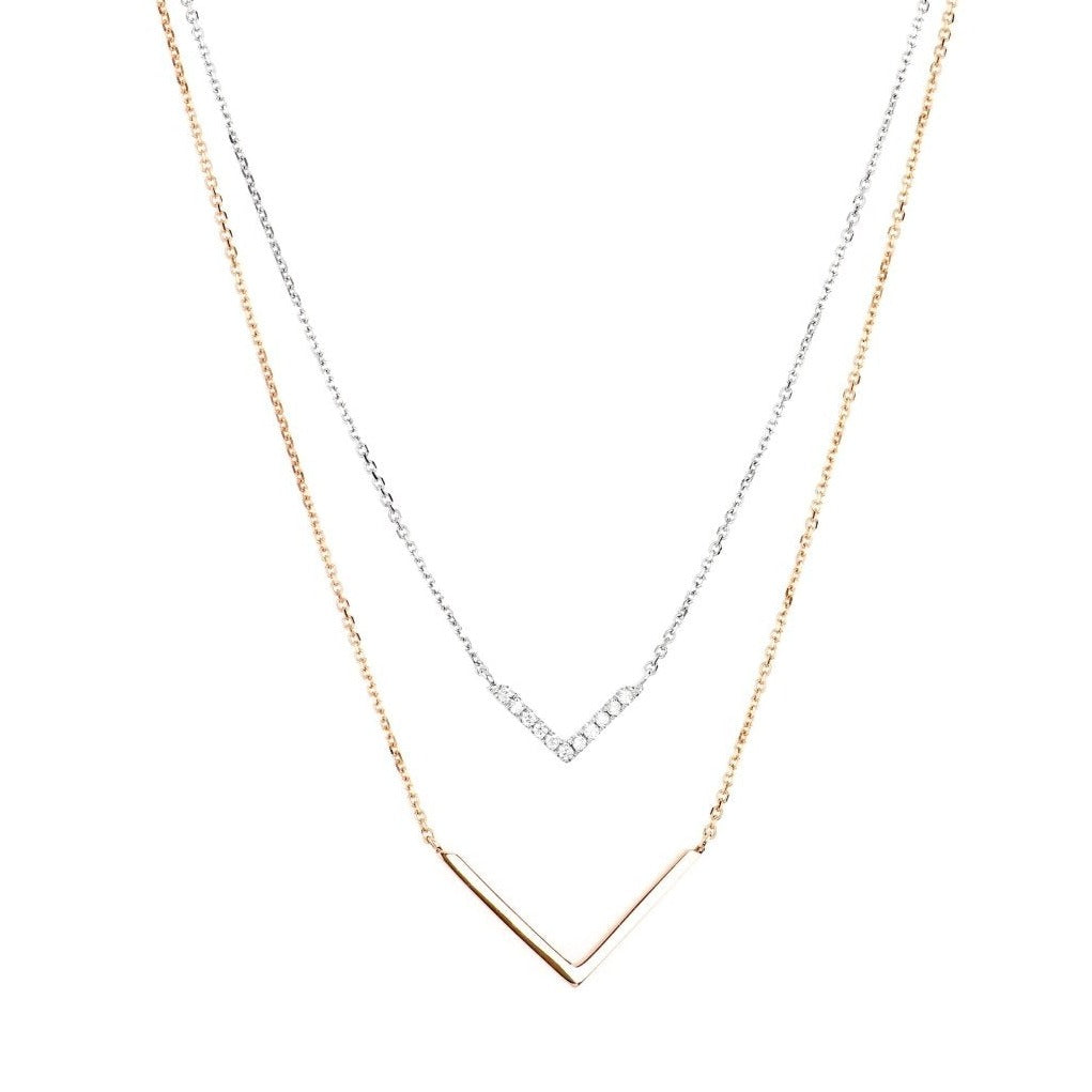 Diamond Double Chevron Necklace in Solid 14k Two-Tone White and Rose Gold Necklaces Estellacollection #product_description# Birthstone Birthstone Jewelry Colorless Gemstone #tag4# #tag5# #tag6# #tag7# #tag8# #tag9# #tag10#