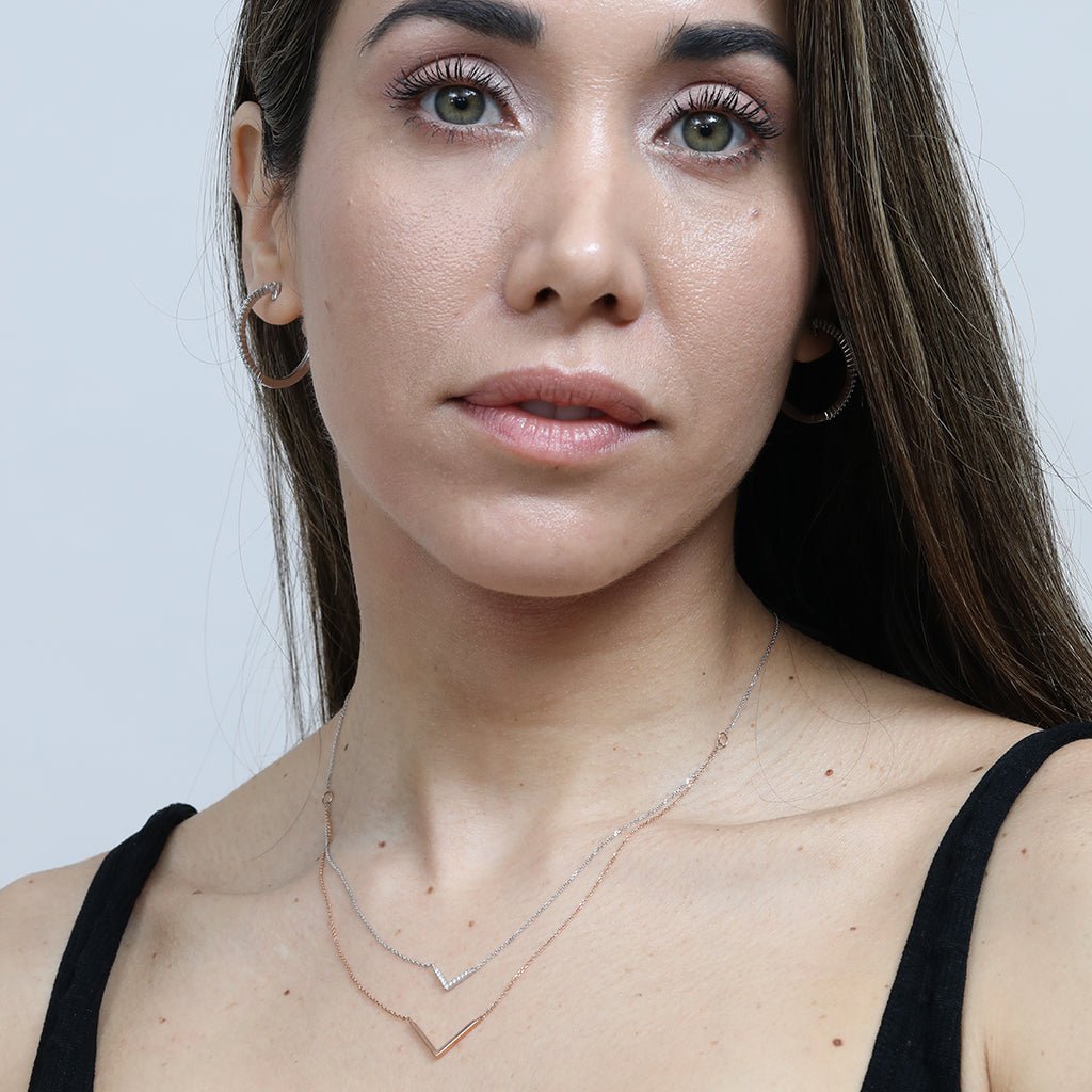 Diamond Double Chevron Necklace in Solid 14k Two-Tone White and Rose Gold Necklaces Estellacollection #product_description# Birthstone Birthstone Jewelry Colorless Gemstone #tag4# #tag5# #tag6# #tag7# #tag8# #tag9# #tag10#