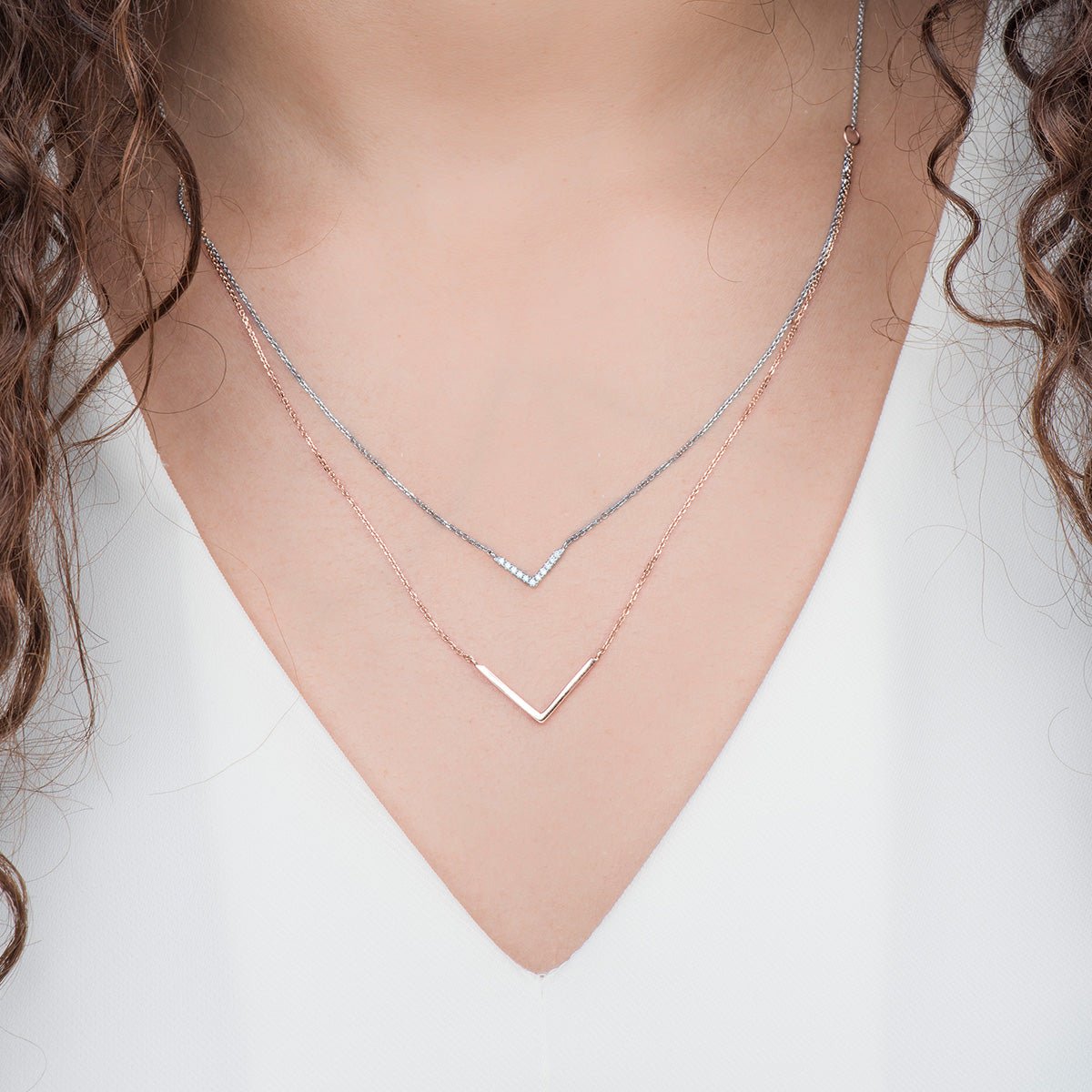 Diamond Double Chevron Necklace in Solid 14k Two-Tone White and Rose Gold Necklaces Estellacollection #product_description# Birthstone Birthstone Jewelry Colorless Gemstone #tag4# #tag5# #tag6# #tag7# #tag8# #tag9# #tag10#