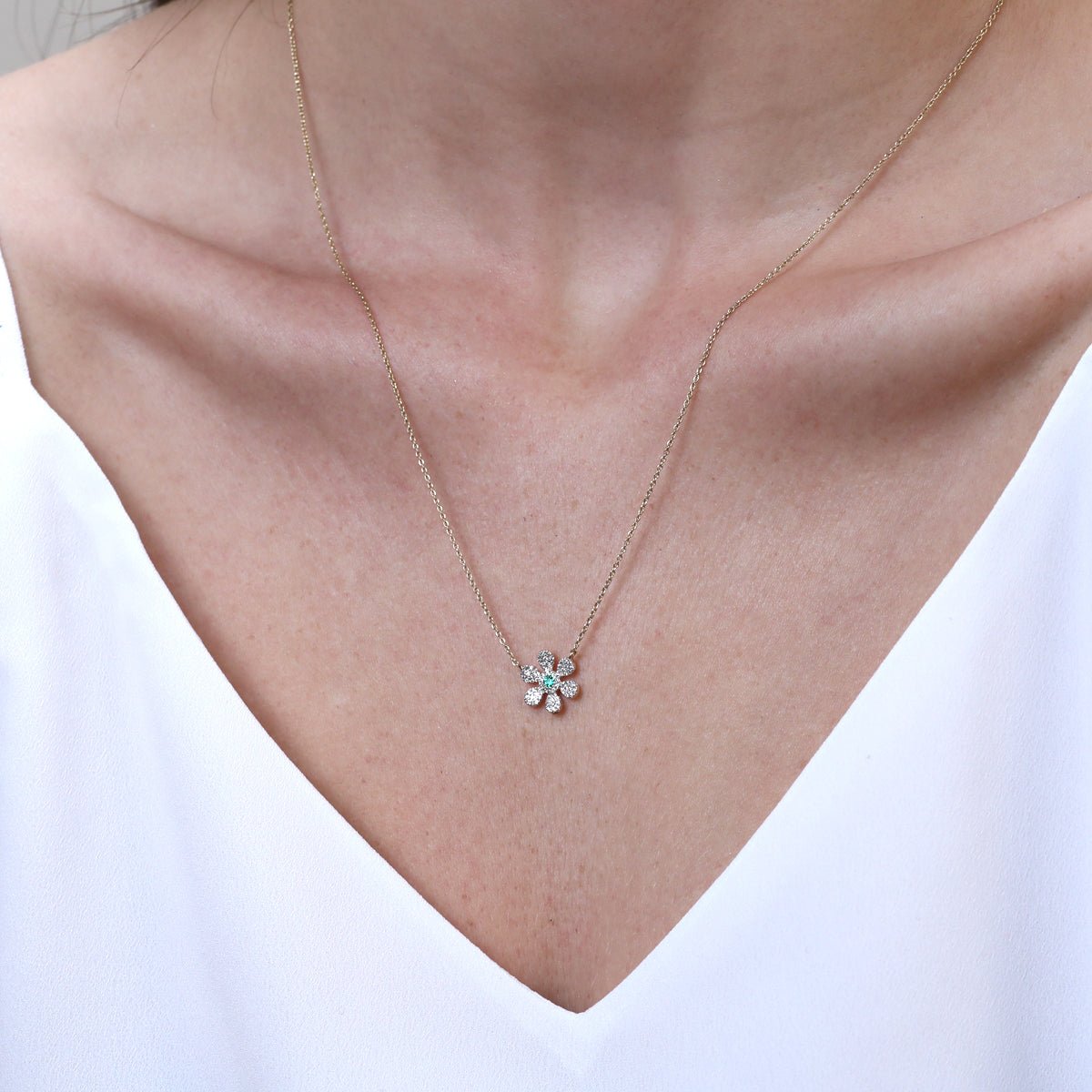 Emerald and Diamond PavÃ© Flower Pendant Necklace Necklaces Estellacollection #product_description# 14k Birthstone Diamond #tag4# #tag5# #tag6# #tag7# #tag8# #tag9# #tag10#